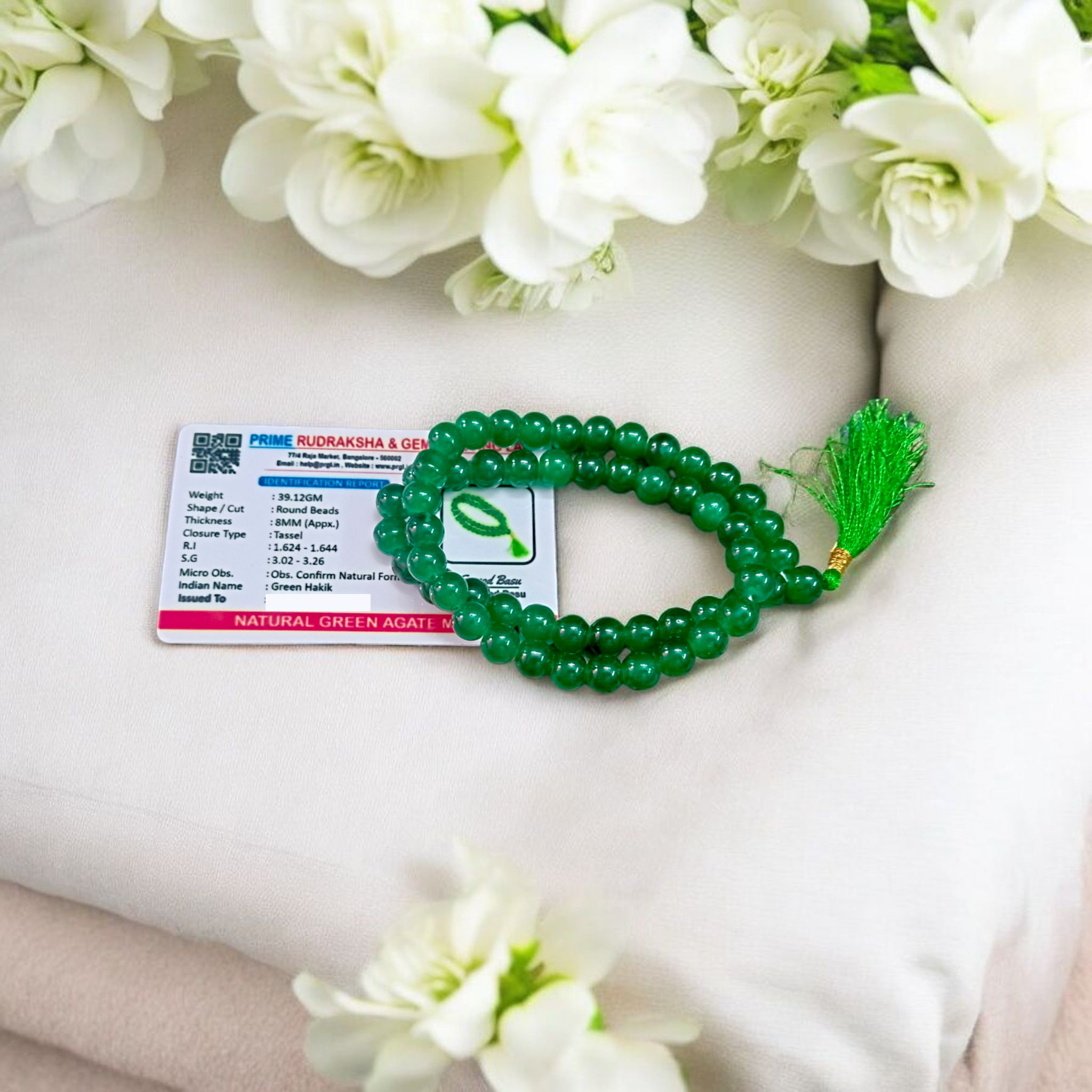 Image of Green Agate Mala made with 54+1 natural 8mm green beads, arranged neatly for japa, meditation, and spiritual healing practices