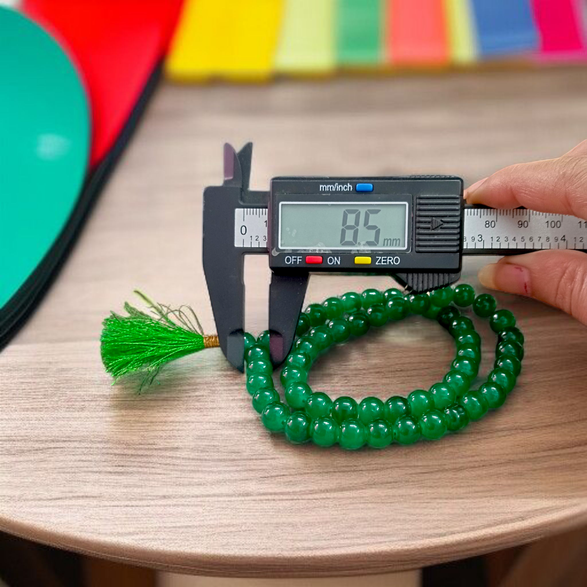 Image of Green Agate Mala made with 54+1 natural 8mm green beads, arranged neatly for japa, meditation, and spiritual healing practices