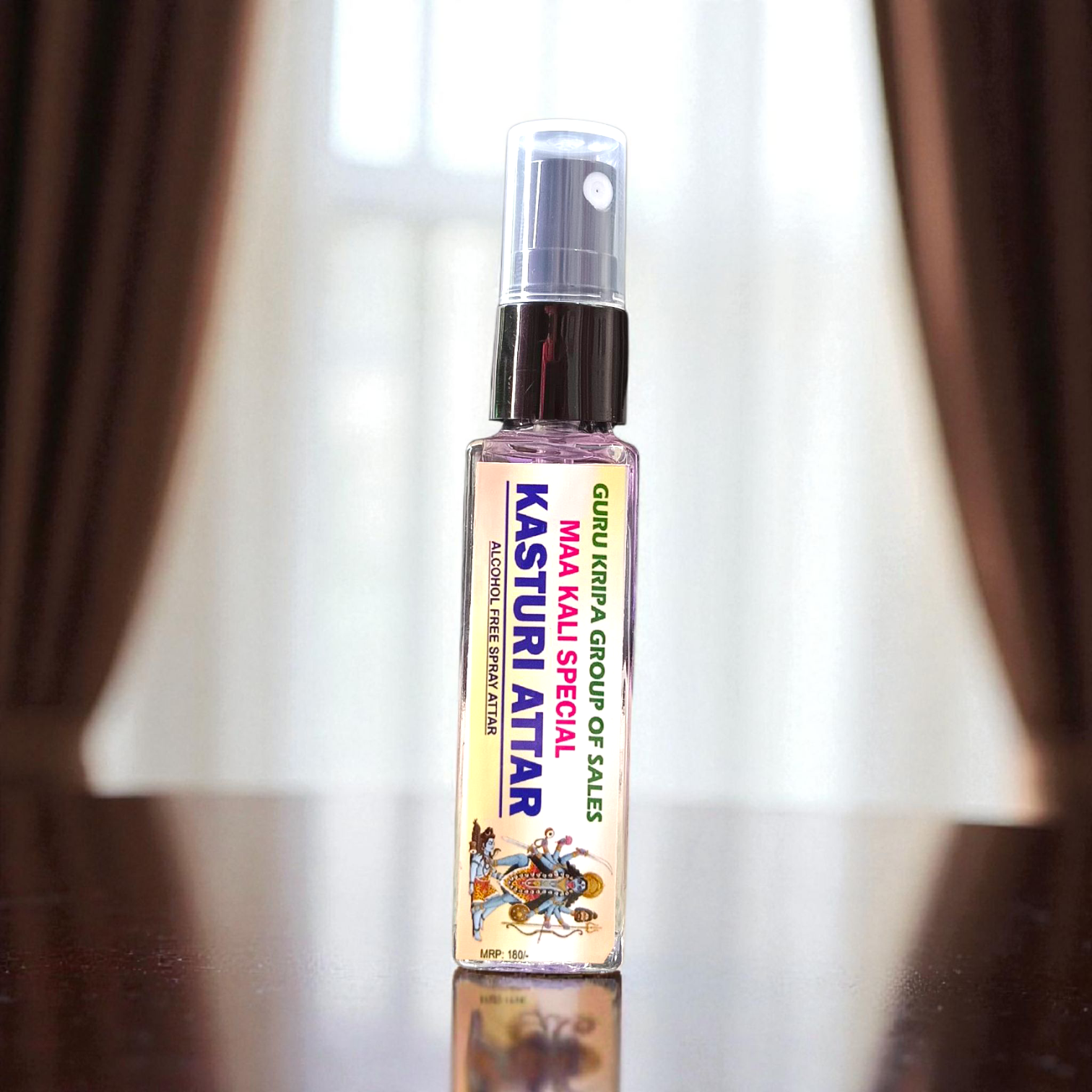 Image of Kasturi Attar 25ml bottle labeled as Maa Kali Special Spray Attar – an alcohol-free, long-lasting spiritual fragrance ideal for meditation and puja