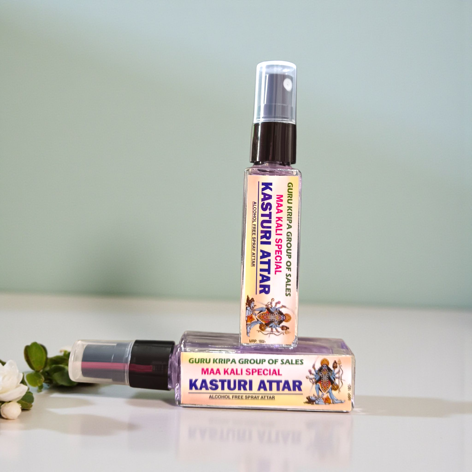 Image of Kasturi Attar 25ml bottle labeled as Maa Kali Special Spray Attar – an alcohol-free, long-lasting spiritual fragrance ideal for meditation and puja