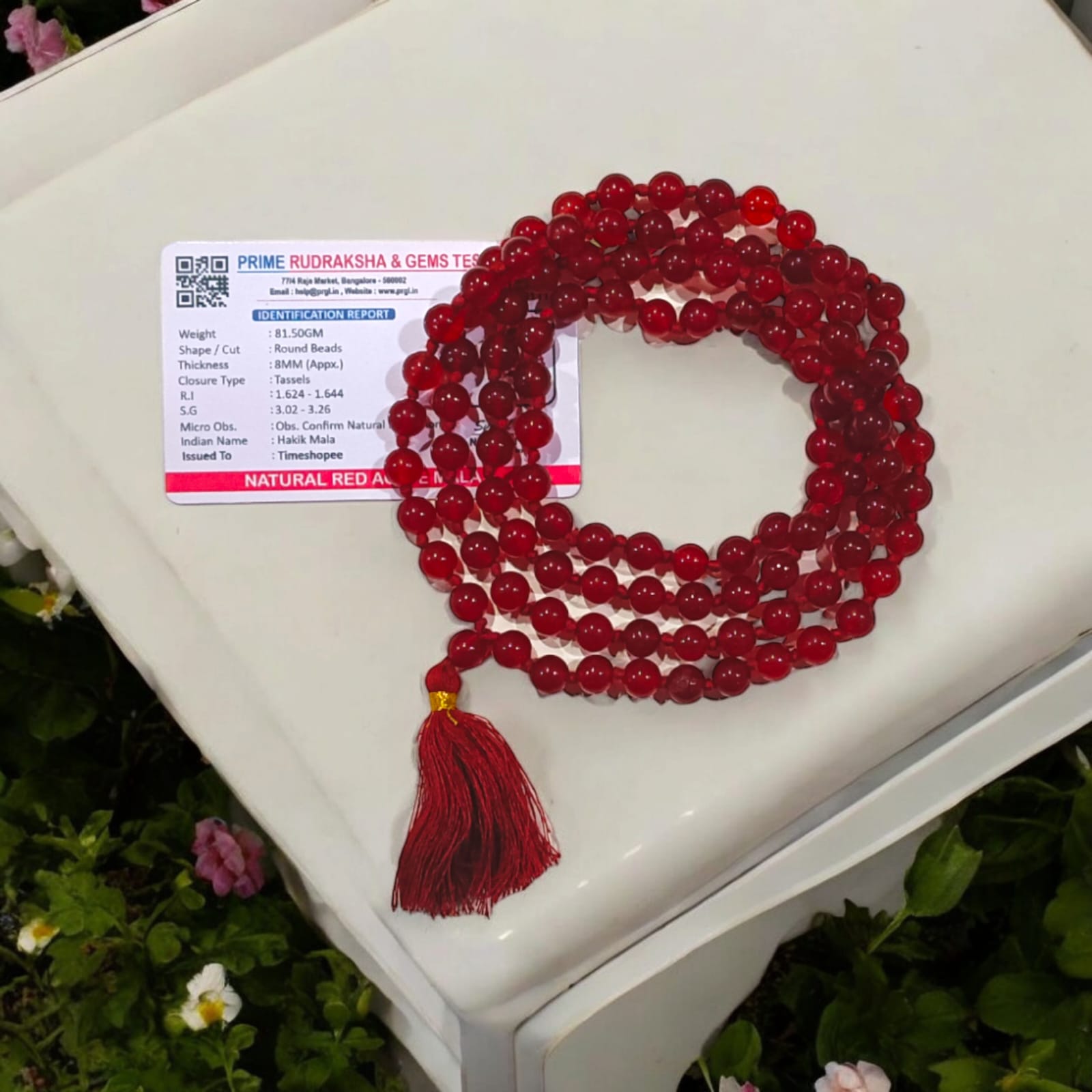 Image of Lab Certified Red Agate Mala (Lal Hakik Mala) in 108+1 beads, handcrafted and spiritual accessory from Timeshopee