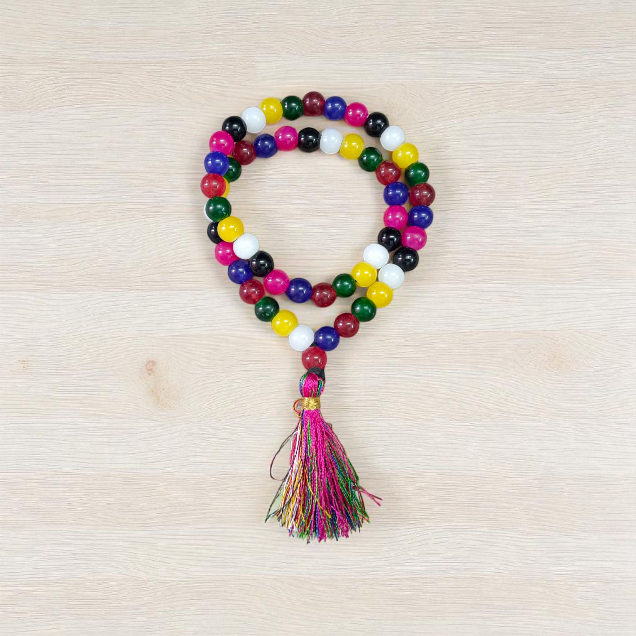 Image of Mix Agate Mala with 54+1 colorful 8mm polished beads, representing all chakras, designed for meditation, healing, and spiritual well-being