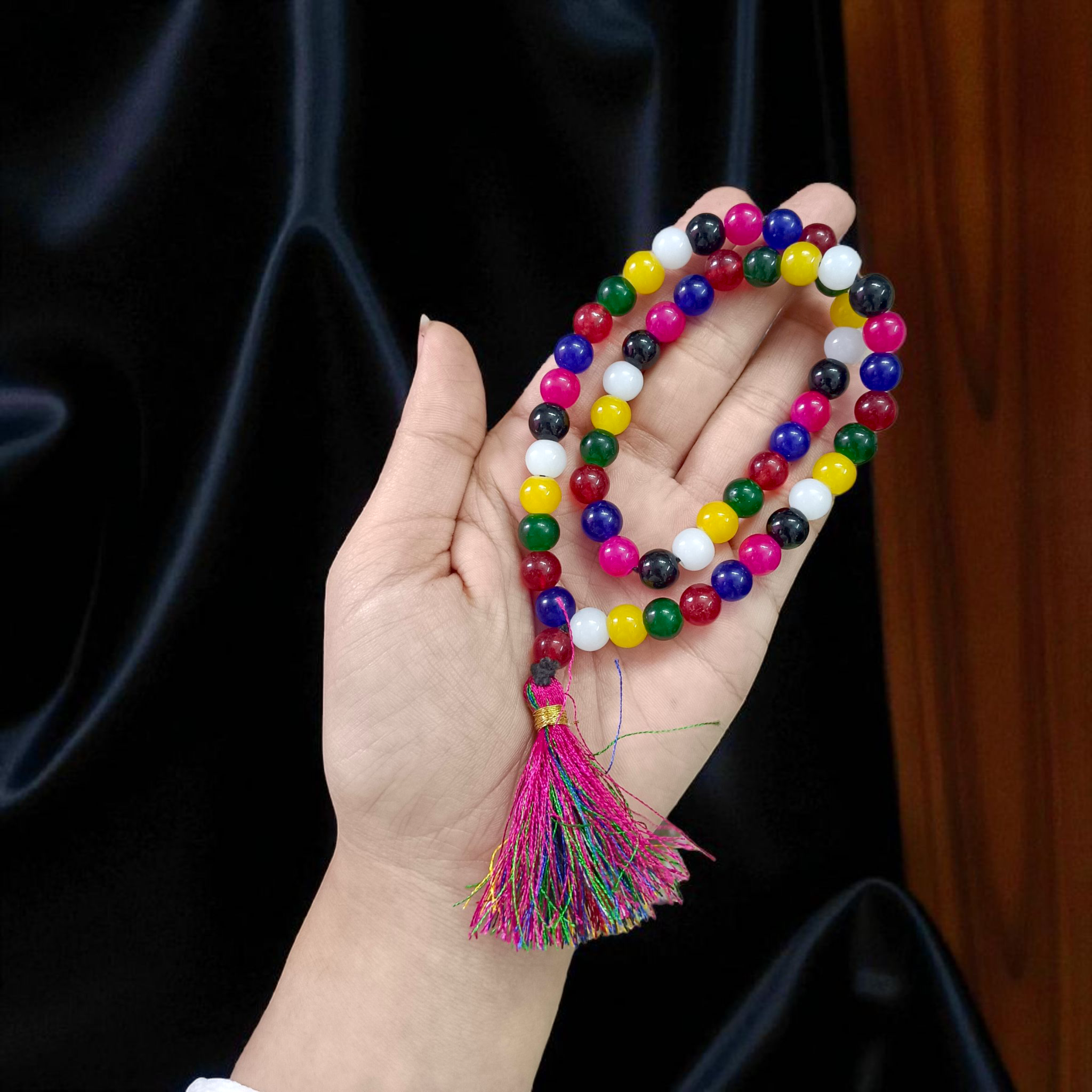 Image of Mix Agate Mala with 54+1 colorful 8mm polished beads, representing all chakras, designed for meditation, healing, and spiritual well-being