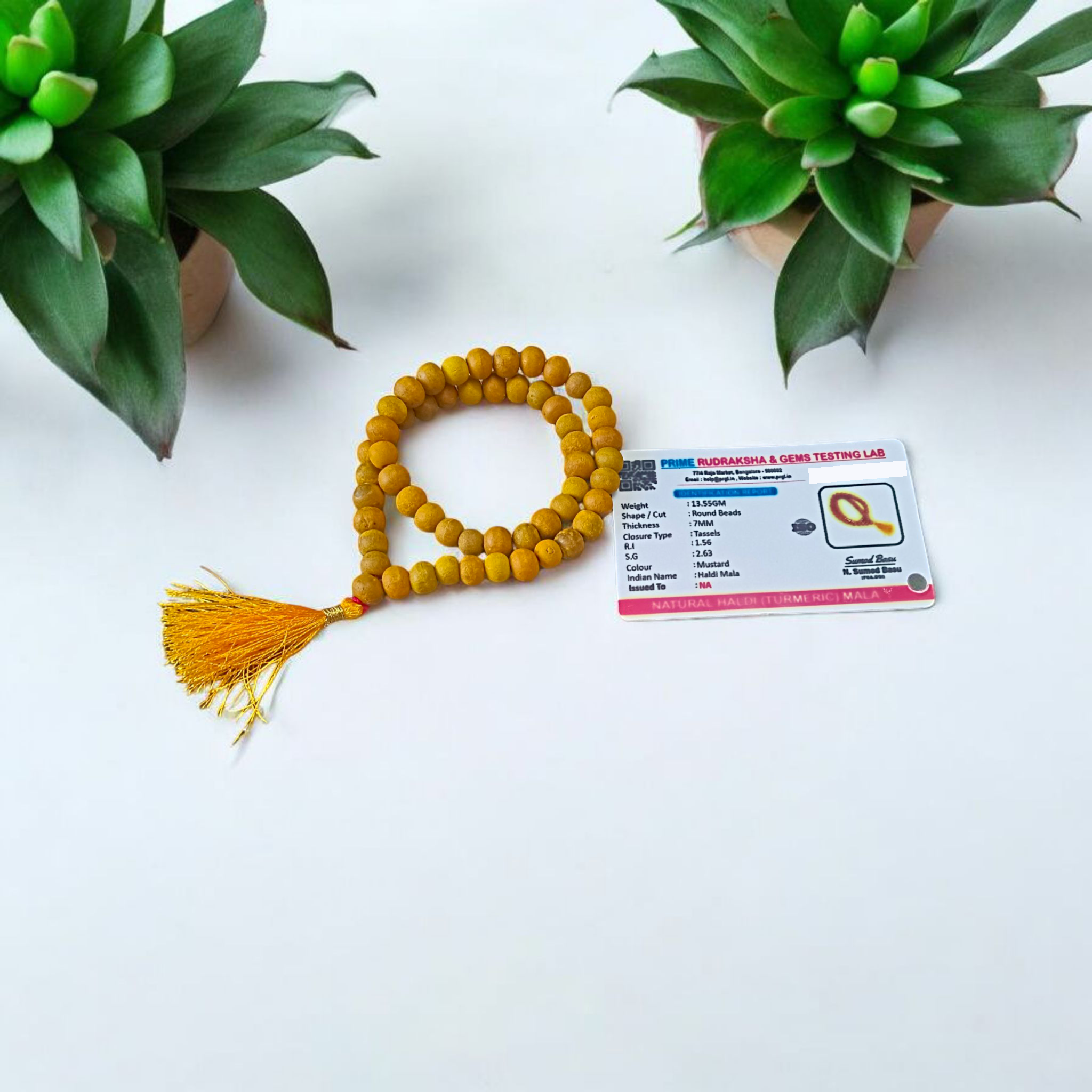 Image of Natural Haldi (Turmeric) Mala with 54+1 hand-knotted 7mm beads, lab certified, offered by Timeshopee – Online Religious Store