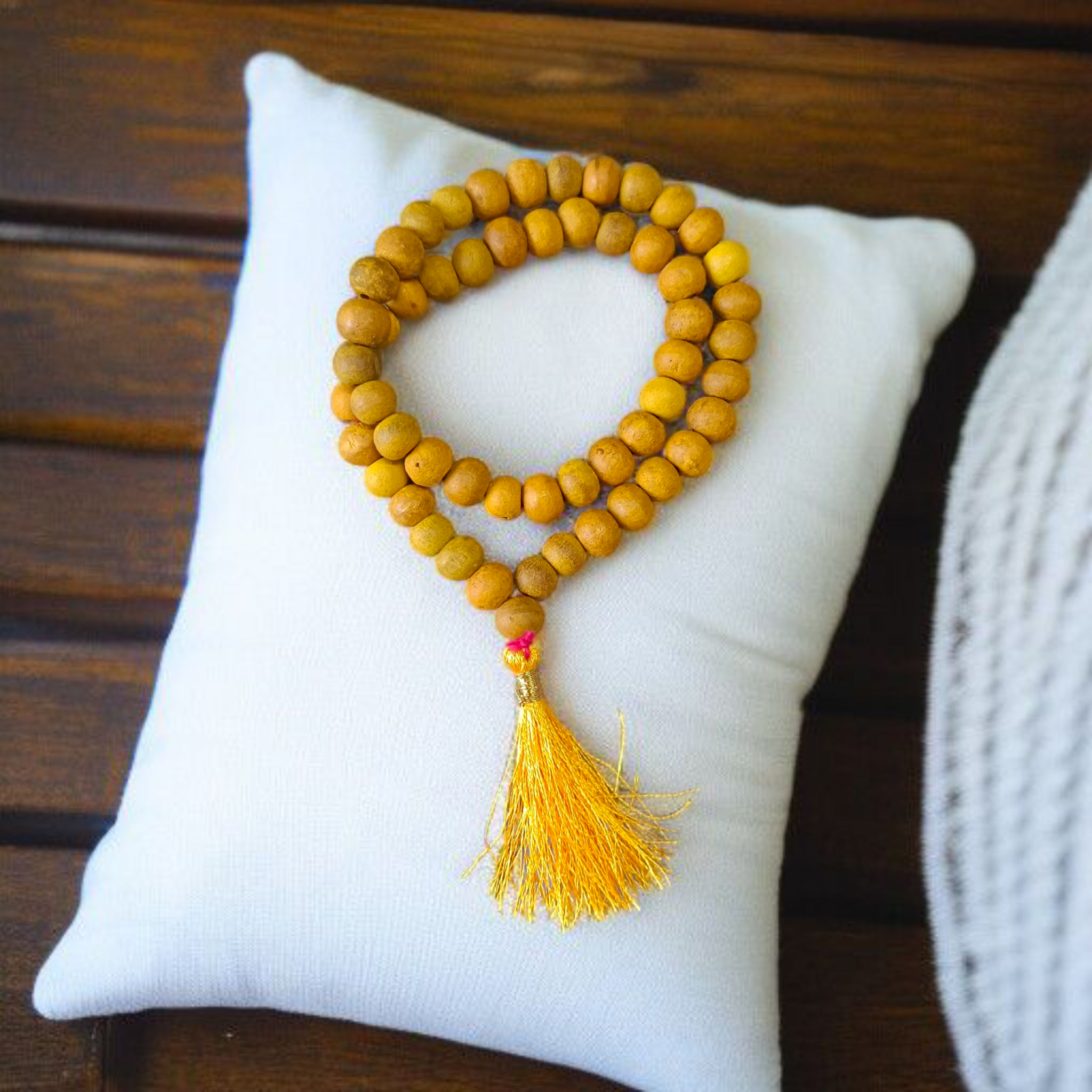 Image of Natural Haldi (Turmeric) Mala with 54+1 hand-knotted 7mm beads, lab certified, offered by Timeshopee – Online Religious Store