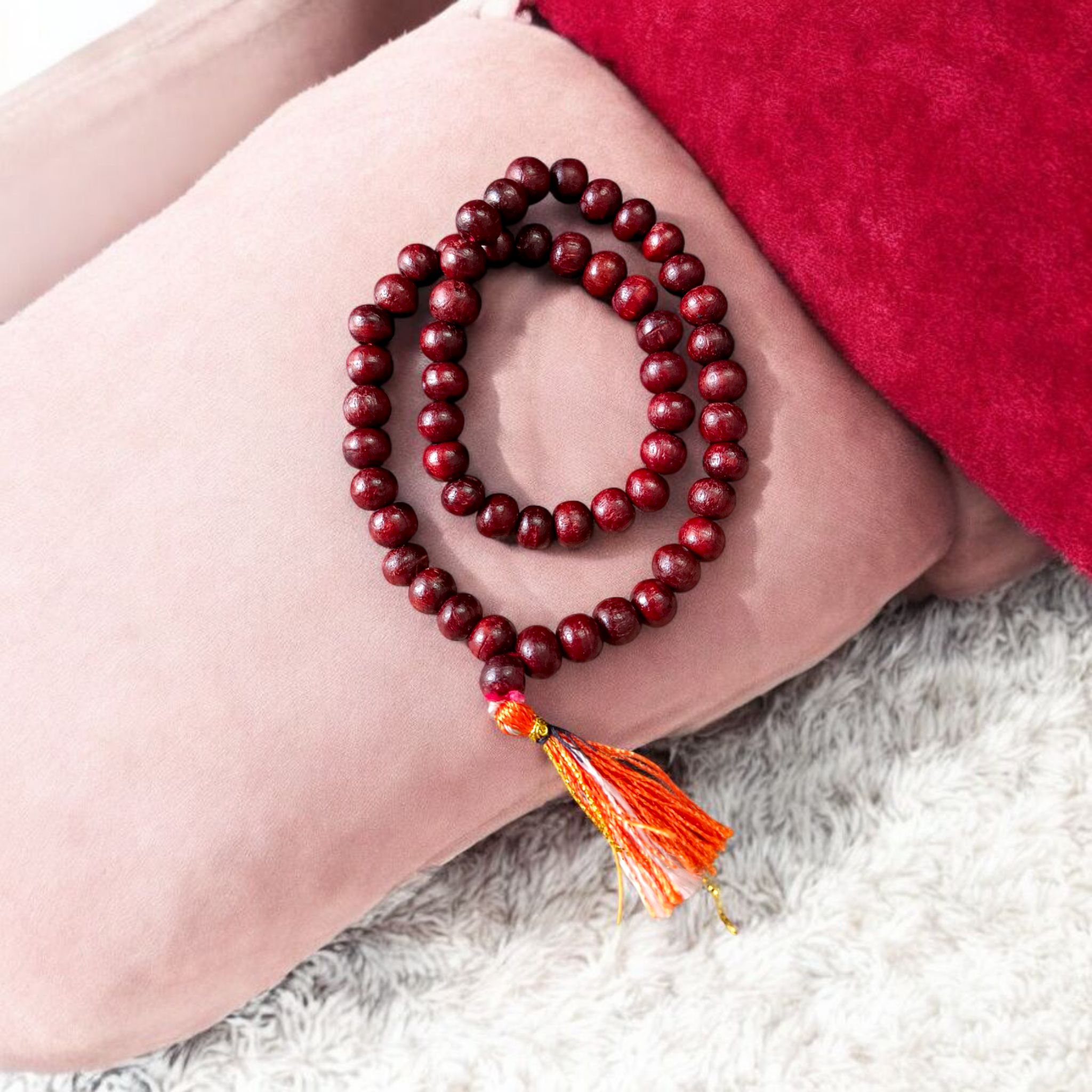 Image of Natural Red Sandalwood Mala with 54+1 Beads (8mm), lab certified, neatly hand-knotted and packed by Timeshopee – Online Religious Store