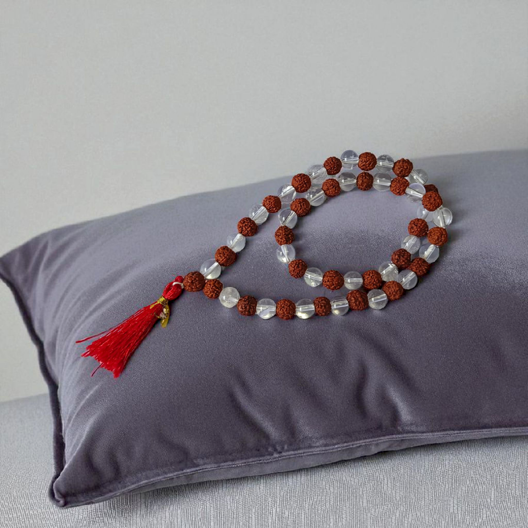 Image of Natural Rudraksha and Sphatik Mala with 54+1 beads (7-8mm), hand-knotted, lab-certified, offered by Timeshopee - Online Religious Store