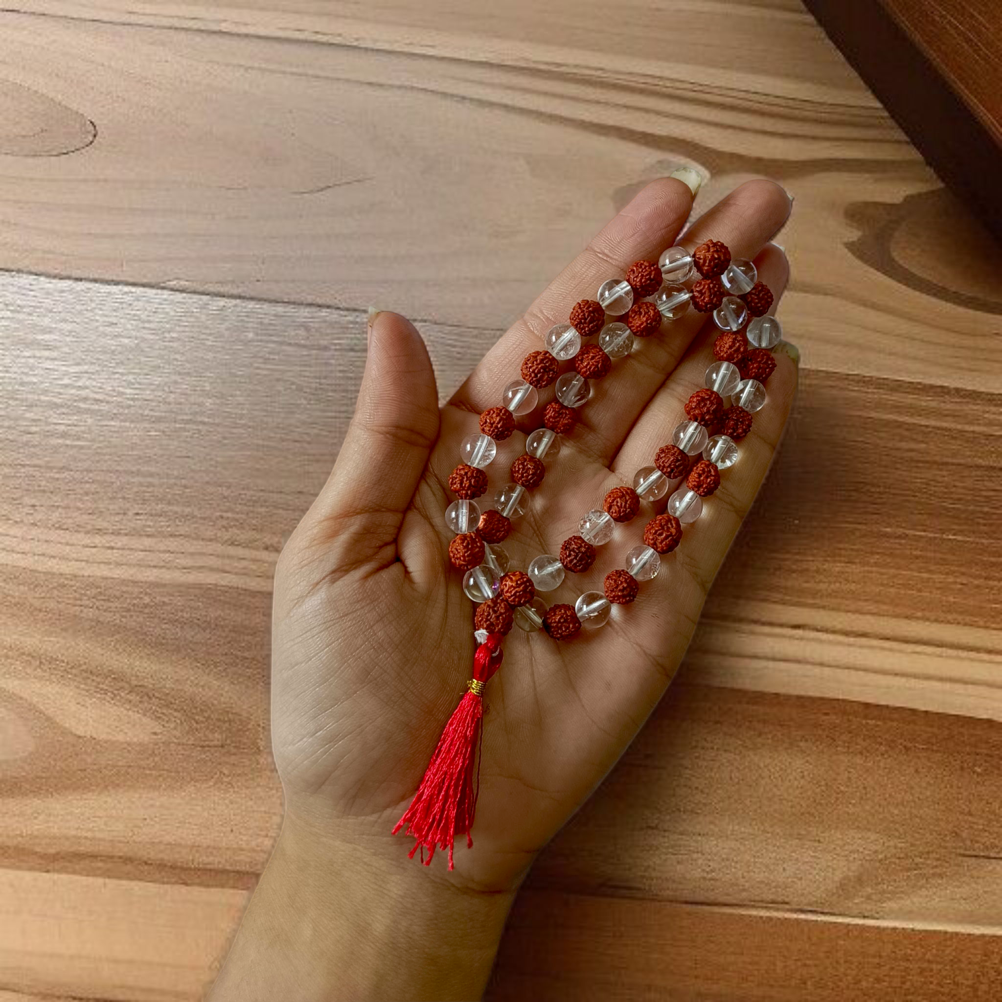 Image of Natural Rudraksha and Sphatik Mala with 54+1 beads (7-8mm), hand-knotted, lab-certified, offered by Timeshopee - Online Religious Store