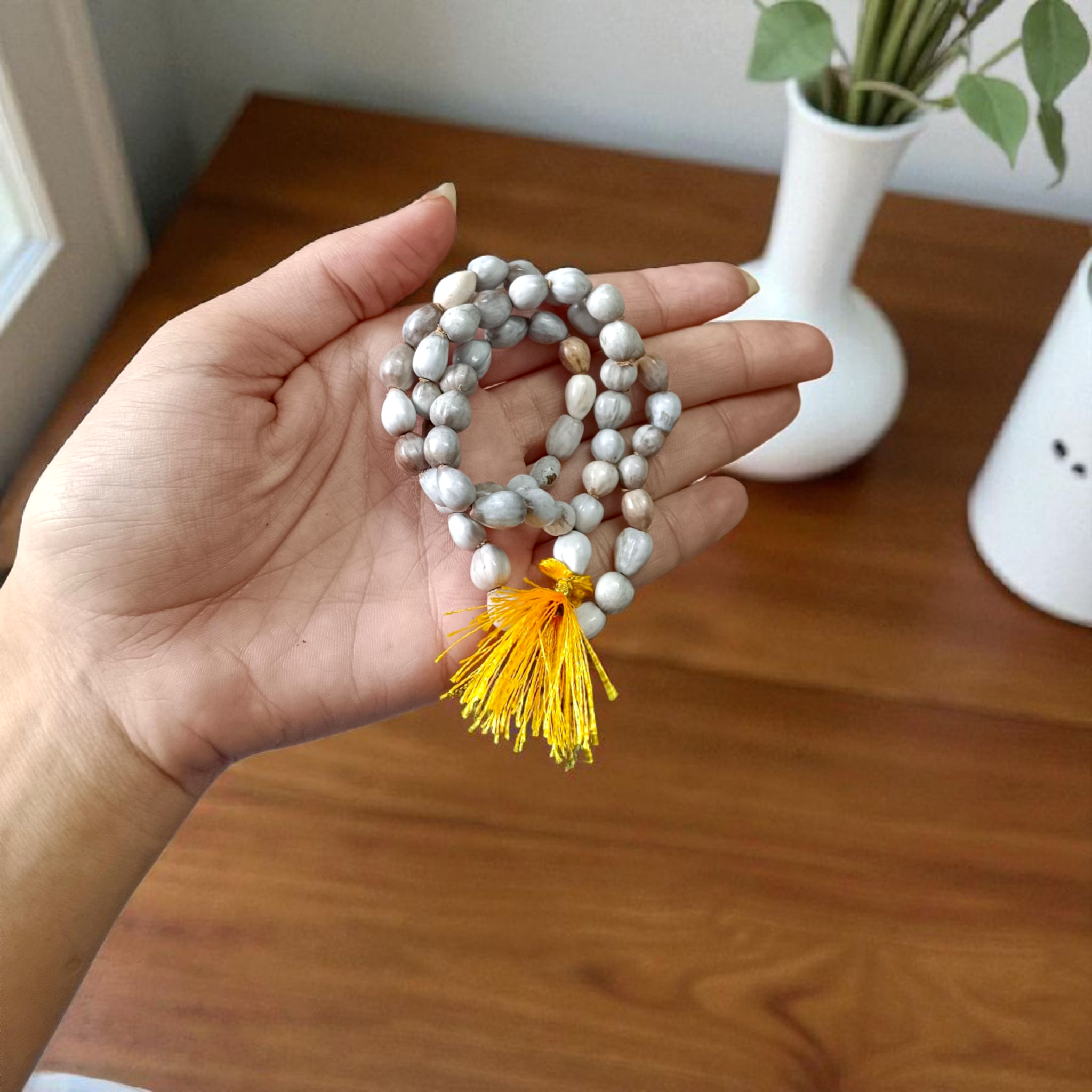 Image of Natural Vaijanti Mala with 54+1 hand-knotted 5–7mm lab-certified forest seed beads, ideal for mantra jaap, devotion, and spiritual use — by Timeshopee