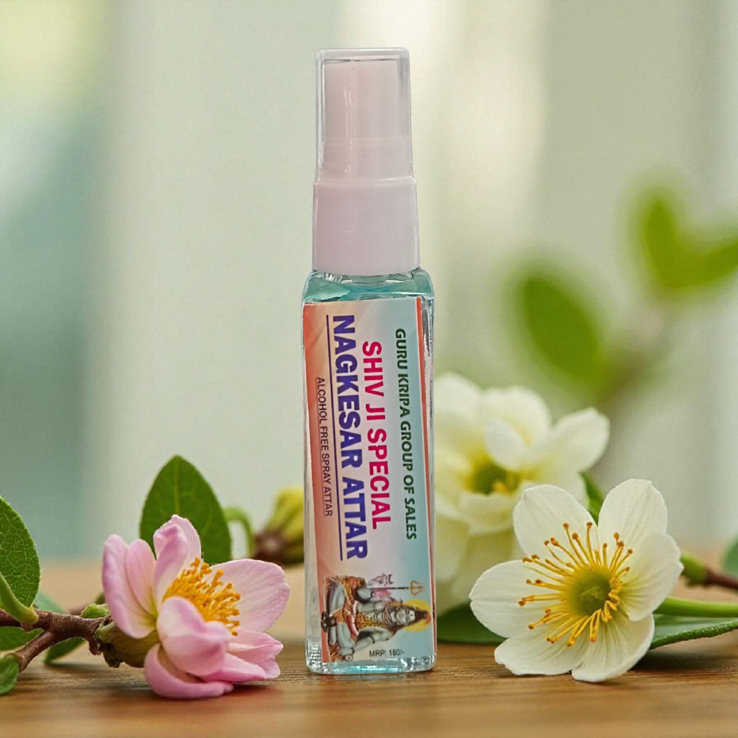 Image of a 25ML Shiv Ji Special NagKesar Spray Attar bottle featuring elegant packaging, labeled as 100% alcohol-free and long-lasting for spiritual balance