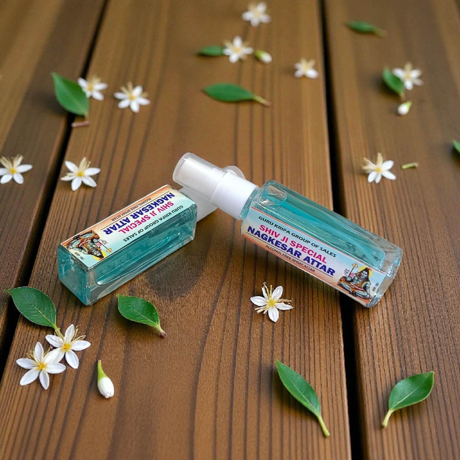 Image of a 25ML Shiv Ji Special NagKesar Spray Attar bottle featuring elegant packaging, labeled as 100% alcohol-free and long-lasting for spiritual balance
