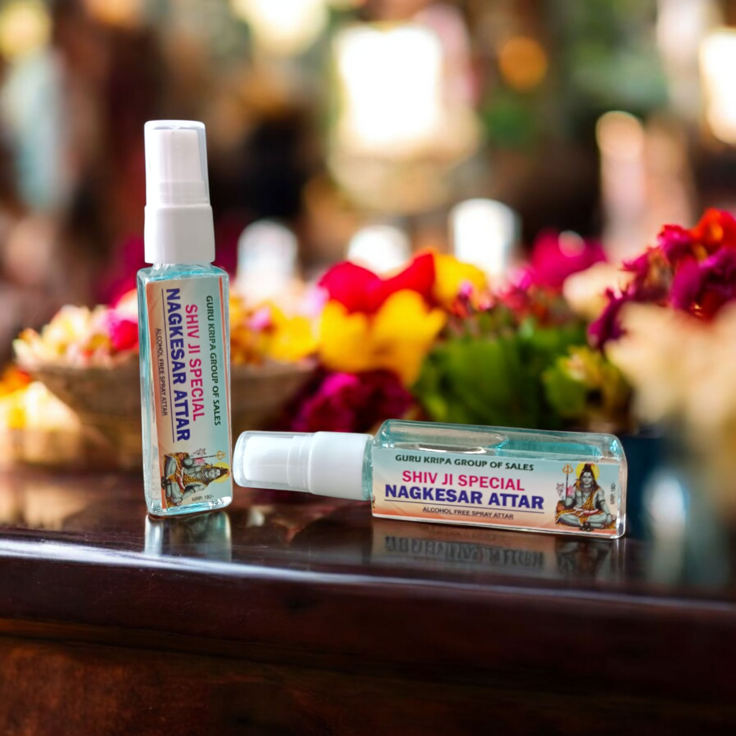 Image of a 25ML Shiv Ji Special NagKesar Spray Attar bottle featuring elegant packaging, labeled as 100% alcohol-free and long-lasting for spiritual balance