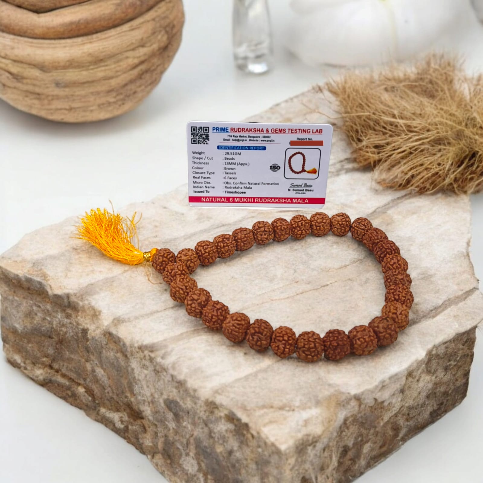 Image of a Lab Certified 6 Mukhi Rudraksha Mala from Timeshopee, available in 27+1 and 108+1 bead variants, used for meditation and spiritual purposes.