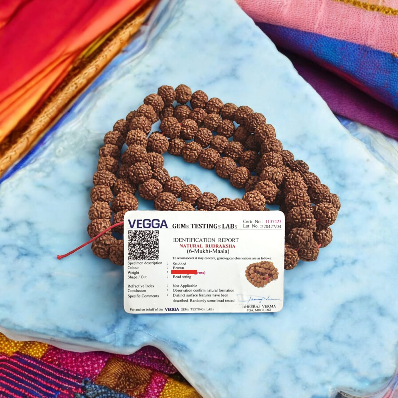 Image of a Lab Certified 6 Mukhi Rudraksha Mala from Timeshopee, available in 27+1 and 108+1 bead variants, used for meditation and spiritual purposes.