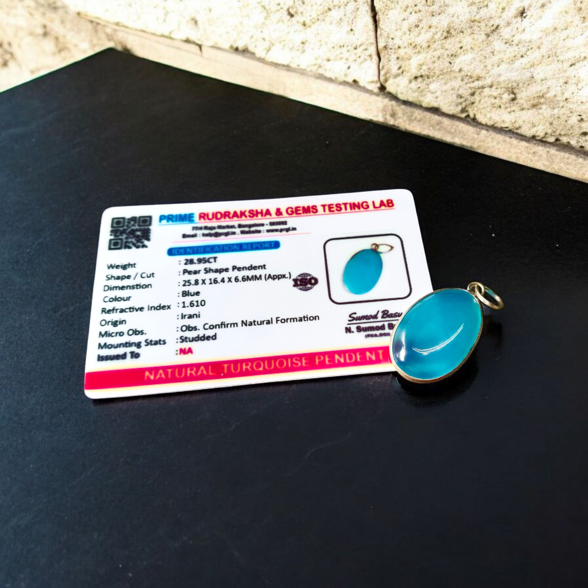 Image of a handcrafted, lab-certified original turquoise (Firoza) pendant designed for healing, meditation, and daily wear