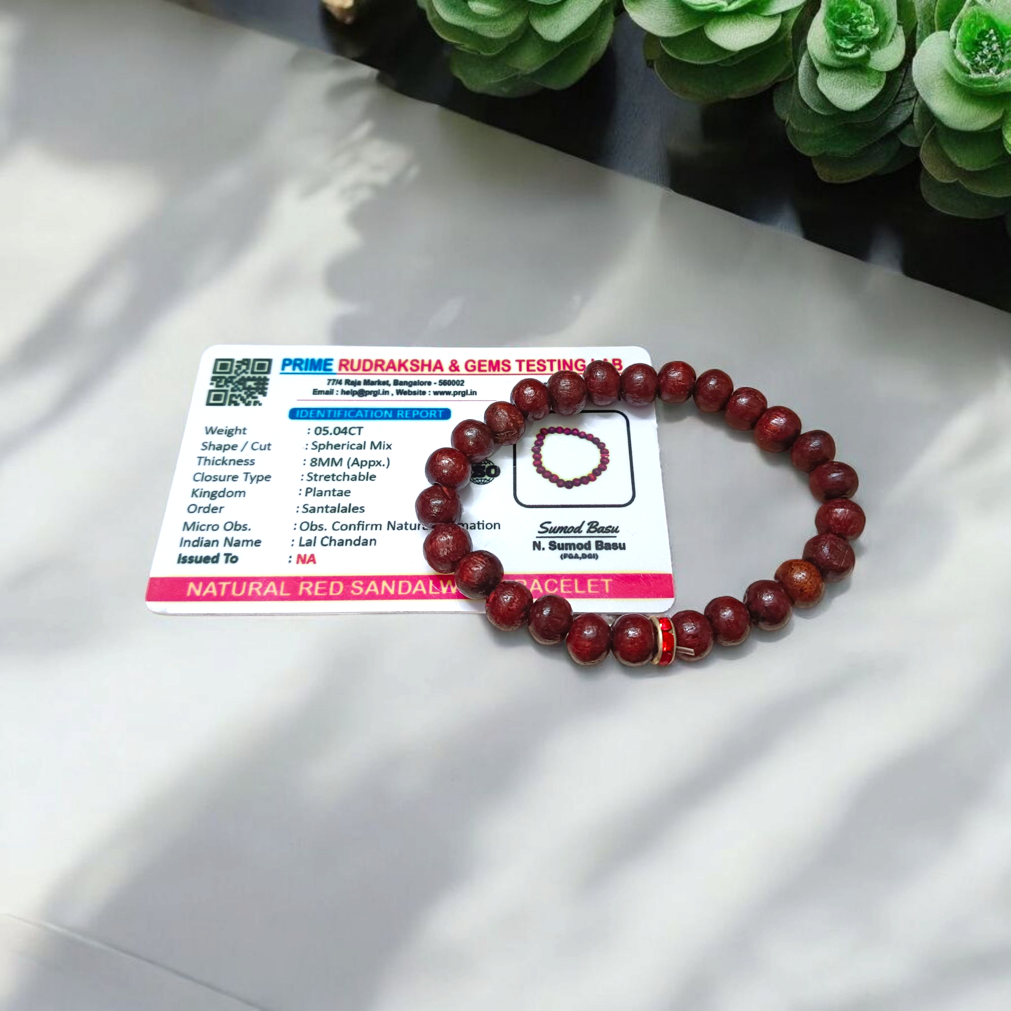 Image of a stretchable bracelet made with 8mm natural red sandalwood (Lal Chandan) beads, neatly arranged on a flat neutral background