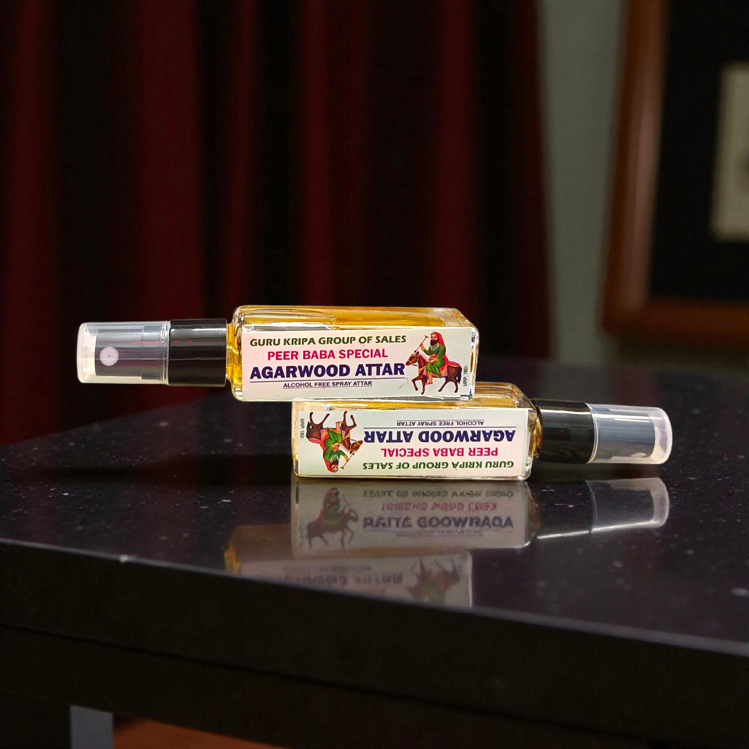 Image showing a 25ML bottle of Peer Baba Agarwood Spray Attar with elegant packaging, labeled as alcohol-free and long-lasting fragrance