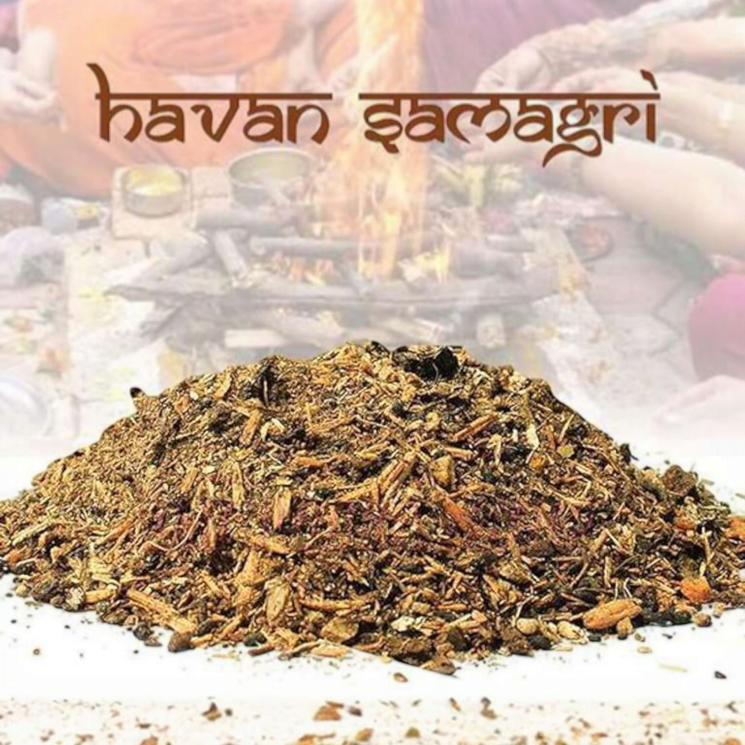 Image showing a 500GM pack of Hawan Samagri containing colorful natural herbs and powders used for Vedic rituals, placed beside puja essentials
