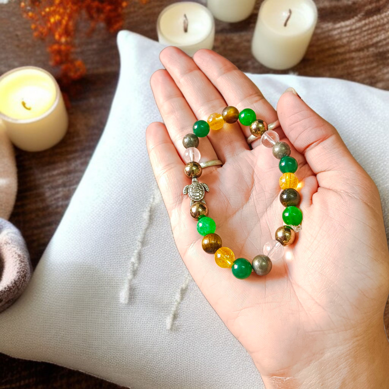 Image showing a stylish 8mm bead Money Magnet Bracelet with stretchable band, ideal for daily wear or gifting, placed on a clean background