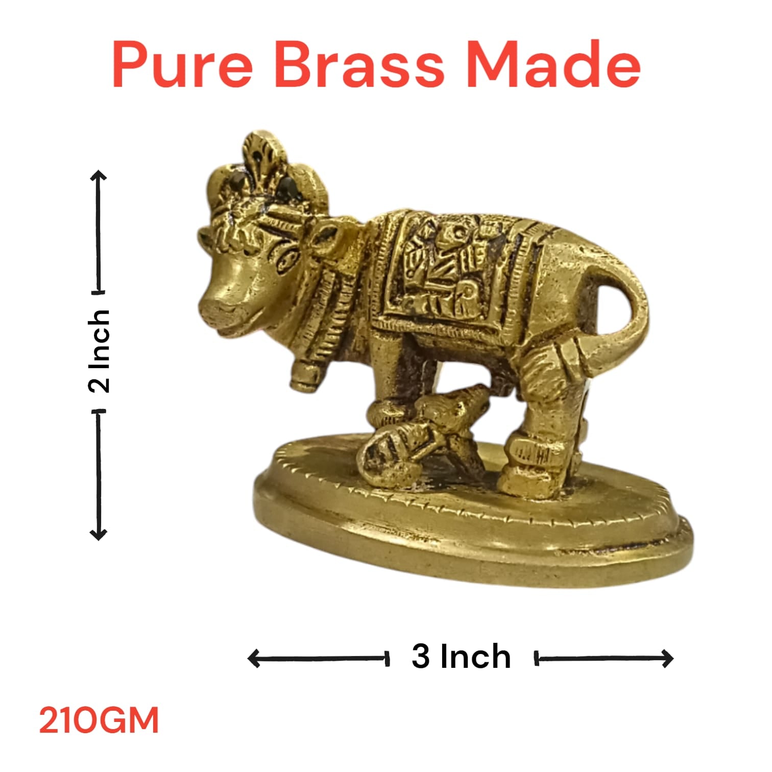 Kamdhenu Cow Brass Murti for worship, 5 cm tall, 7 cm wide, 211 grams, from Timeshopee