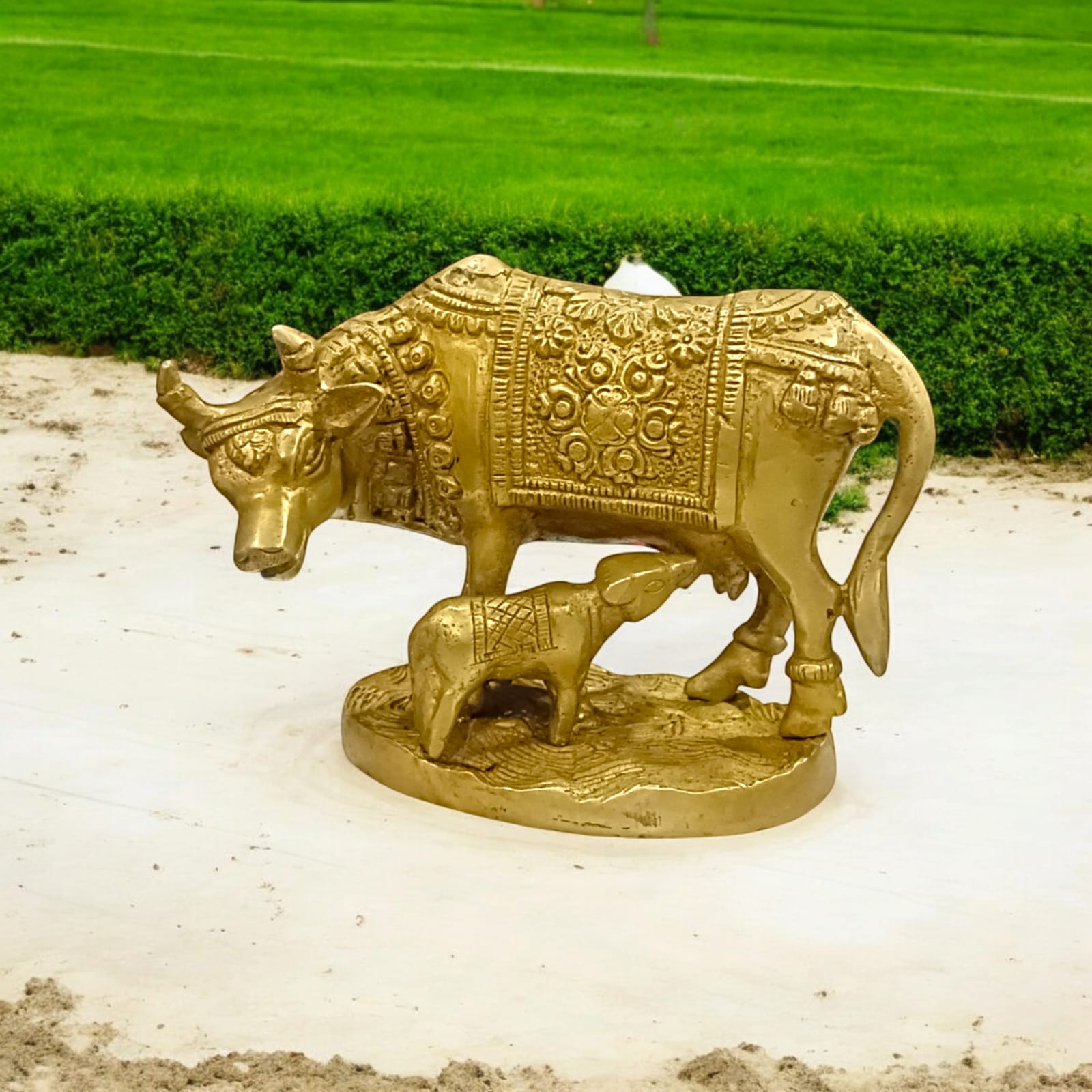 Kamdhenu Cow With Her Child Brass Murti for worship, 9 cm tall, 12 cm wide, 836 grams, from Timeshopee