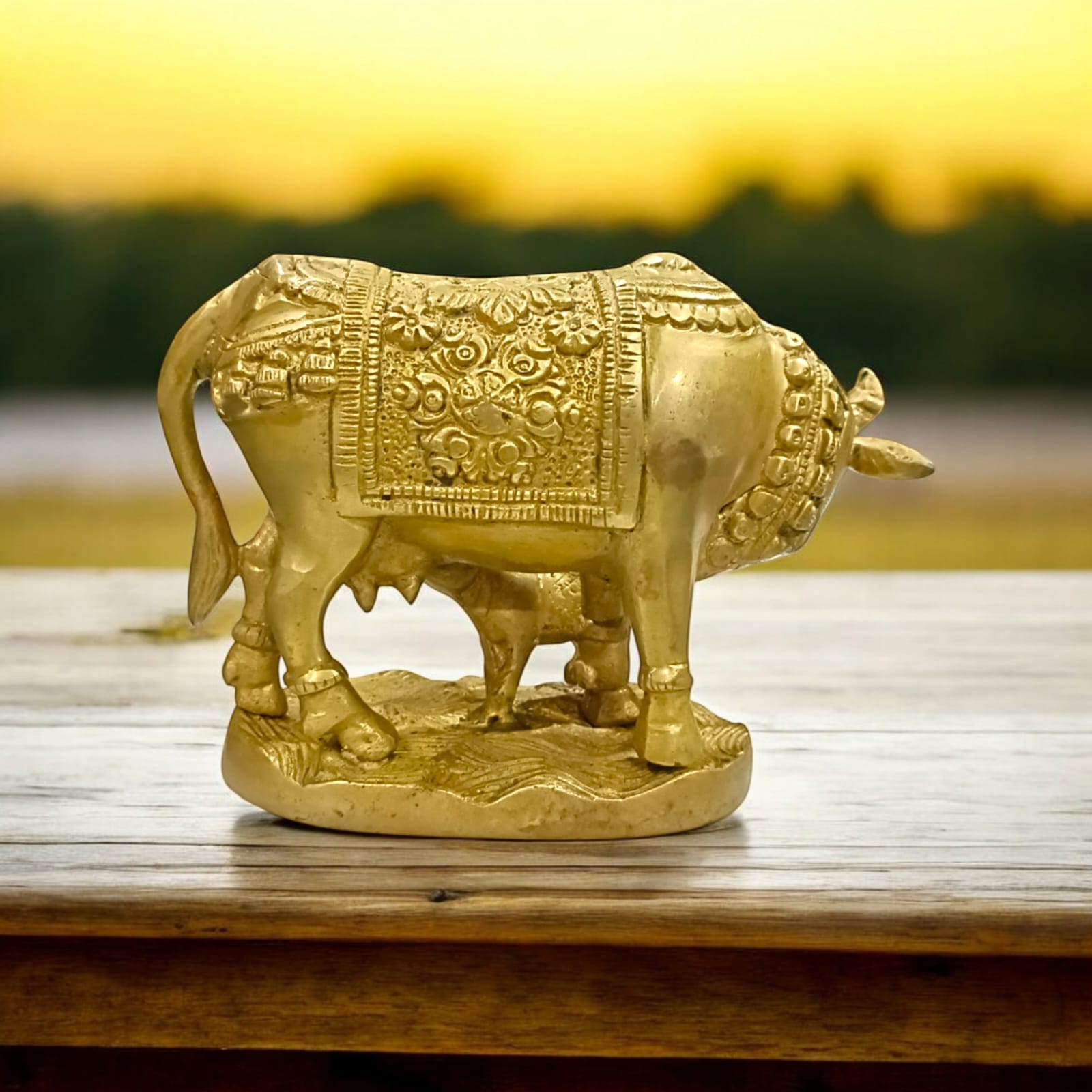 Kamdhenu Cow With Her Child Brass Murti for worship, 9 cm tall, 12 cm wide, 836 grams, from Timeshopee