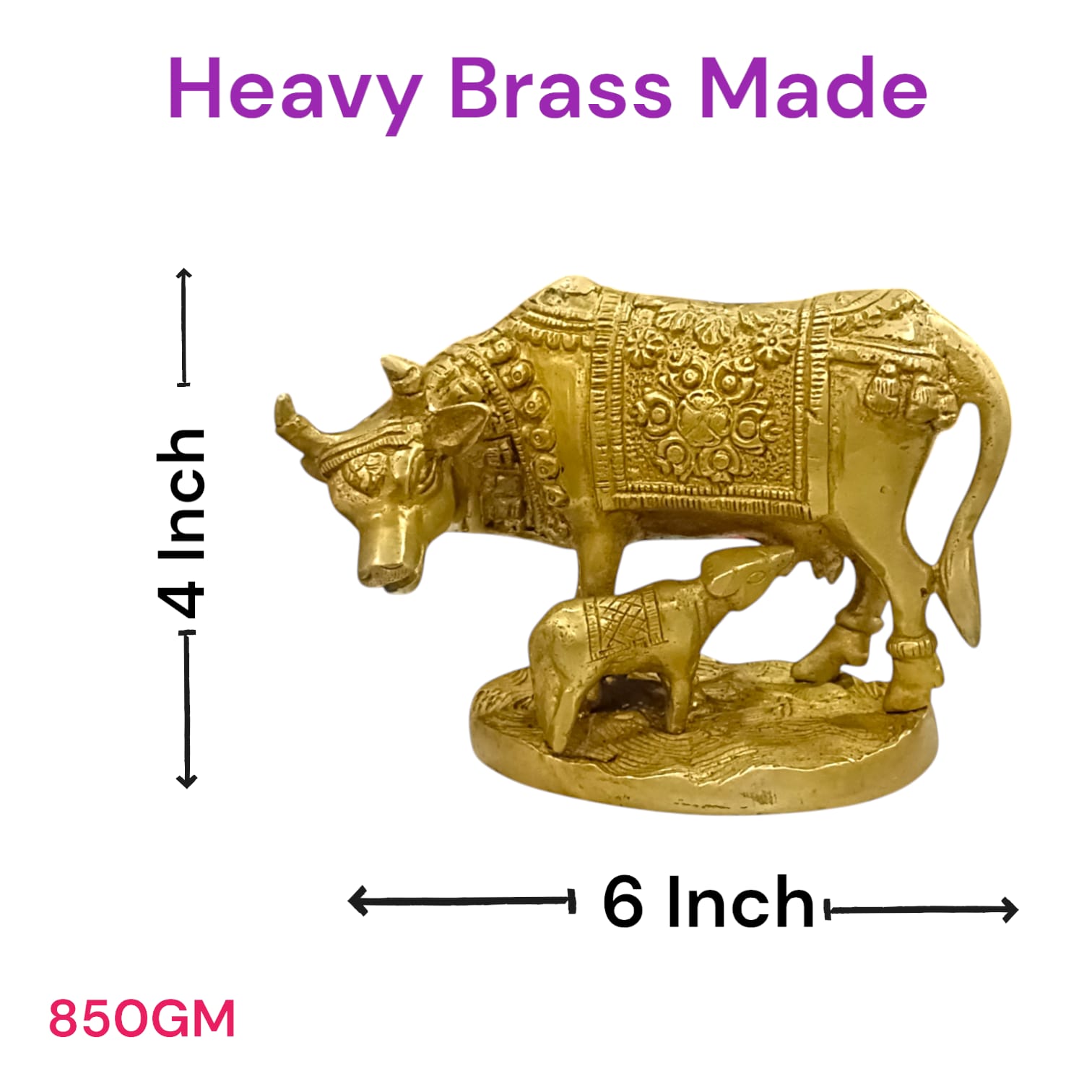 Kamdhenu Cow With Her Child Brass Murti for worship, 9 cm tall, 12 cm wide, 836 grams, from Timeshopee