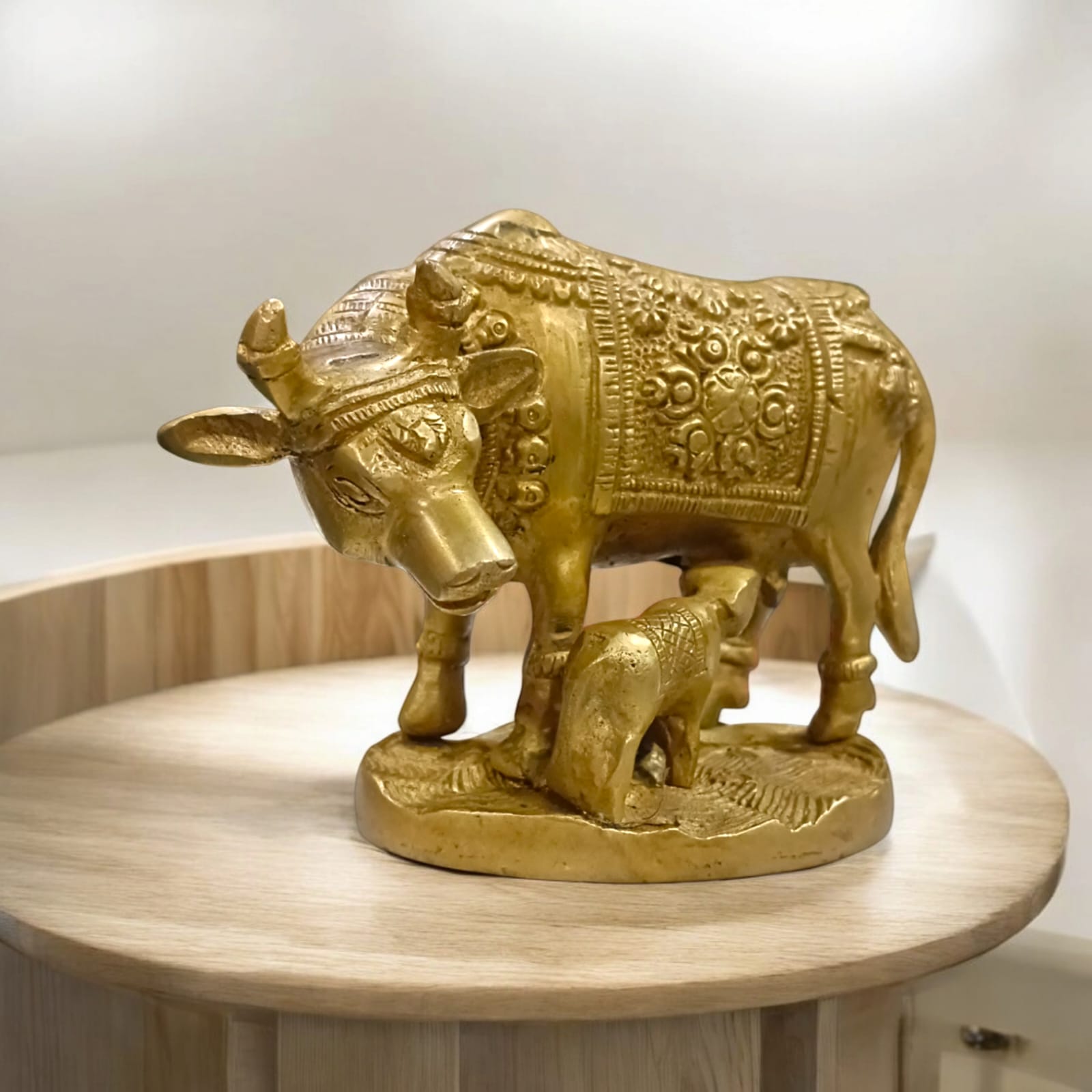 Kamdhenu Cow With Her Child Brass Murti for worship, 9 cm tall, 12 cm wide, 836 grams, from Timeshopee