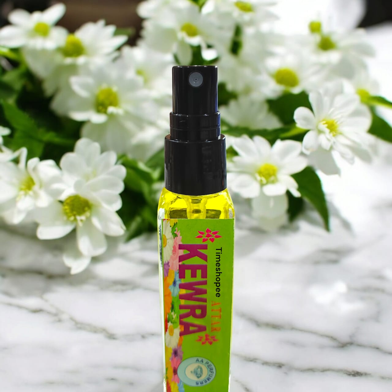 Kewra Spray Attar in 25ML bottle, alcohol-free with natural floral and sandalwood fragrance, perfect for Lord Narayan, by Timeshopee