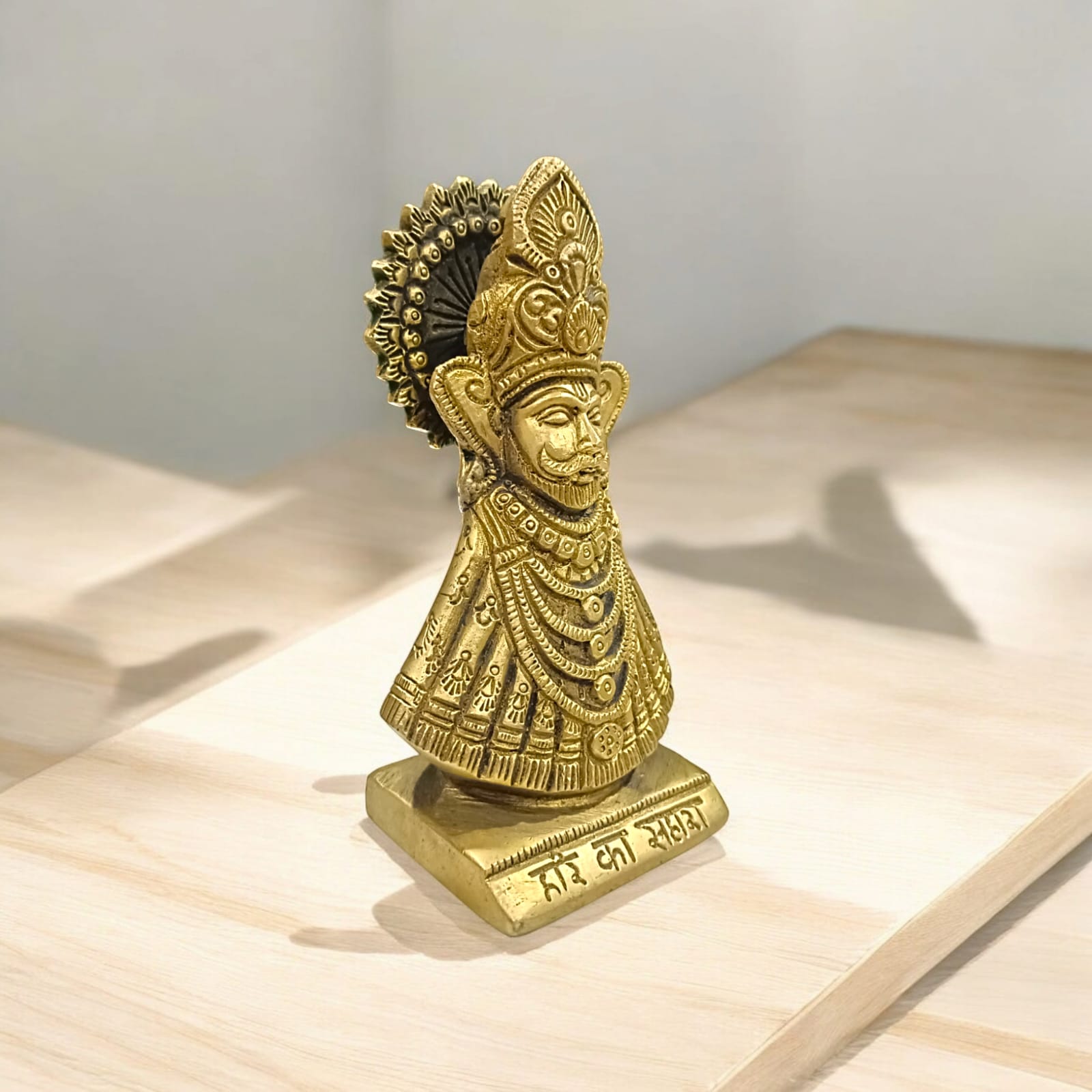 Khatu Shyam Ji Brass Murti, 5 inches tall, 3 inches wide, 675 grams, ideal for worship and spiritual practices, available from Timeshopee.