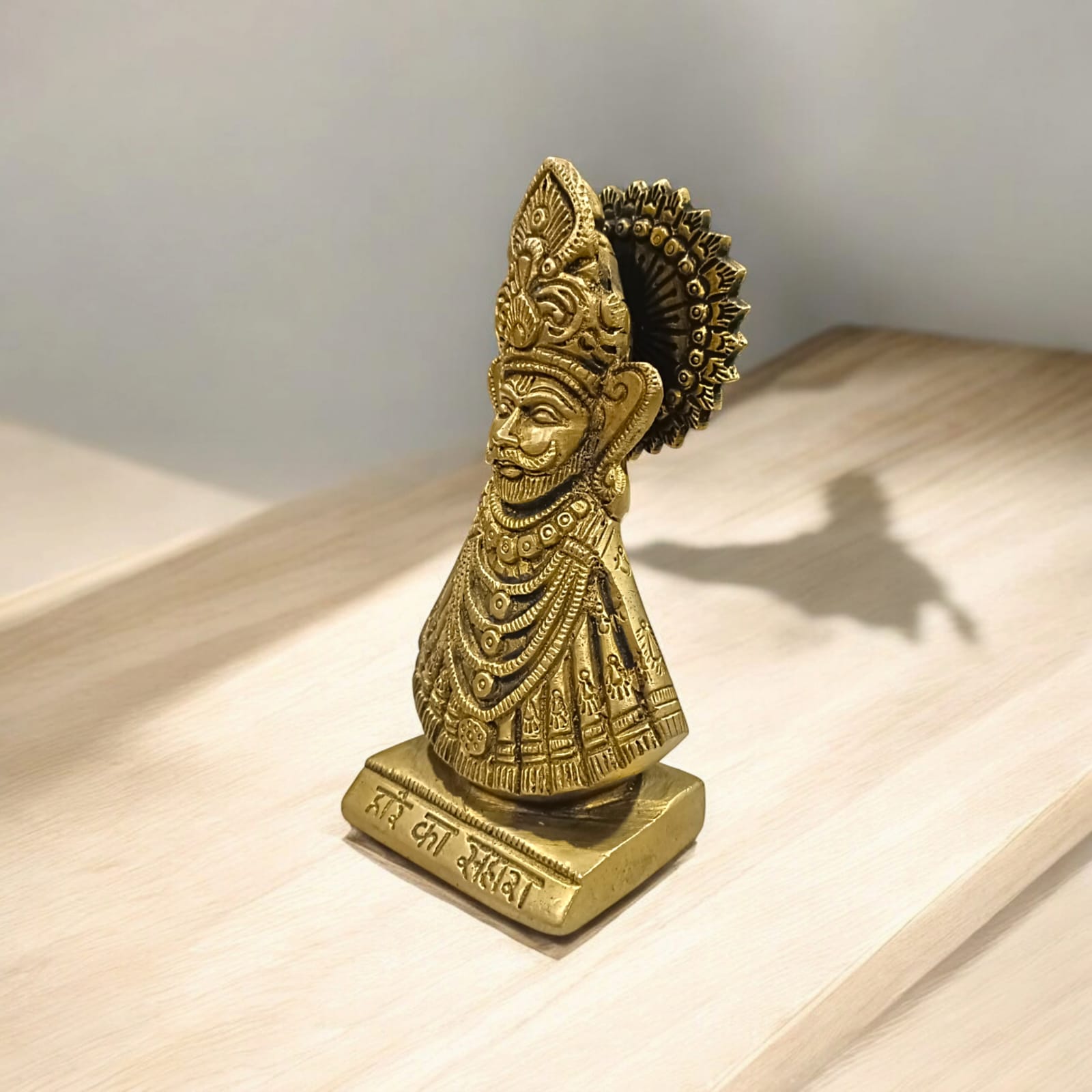 Khatu Shyam Ji Brass Murti, 5 inches tall, 3 inches wide, 675 grams, ideal for worship and spiritual practices, available from Timeshopee.