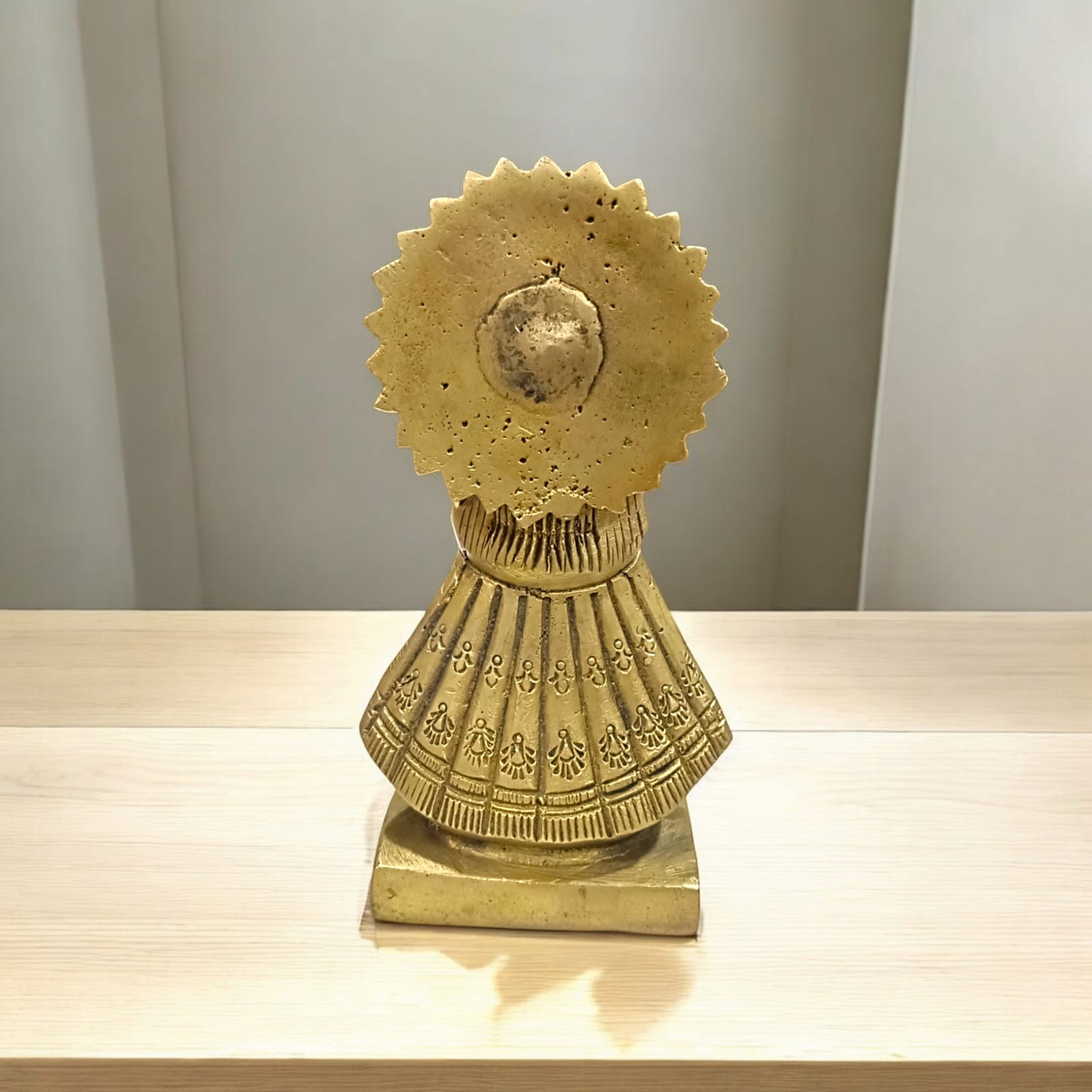 Khatu Shyam Ji Brass Murti, 5 inches tall, 3 inches wide, 675 grams, ideal for worship and spiritual practices, available from Timeshopee.