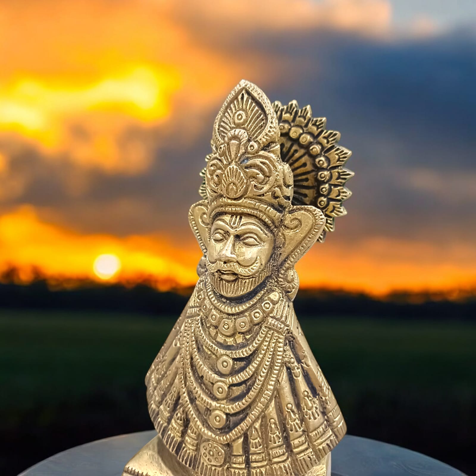 Khatu Shyam Ji Brass Murti, 5 inches tall, 3 inches wide, 675 grams, ideal for worship and spiritual practices, available from Timeshopee.