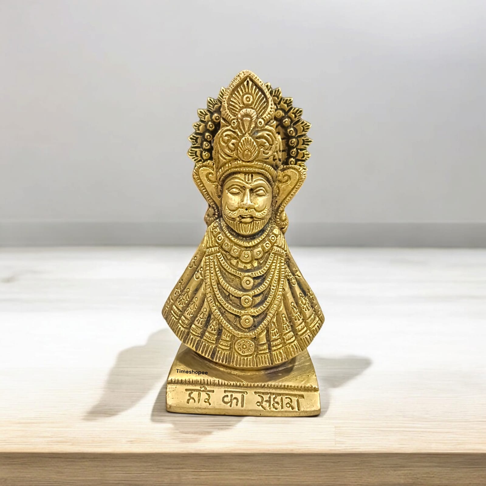 Khatu Shyam Ji Brass Murti, 5 inches tall, 3 inches wide, 675 grams, ideal for worship and spiritual practices, available from Timeshopee.