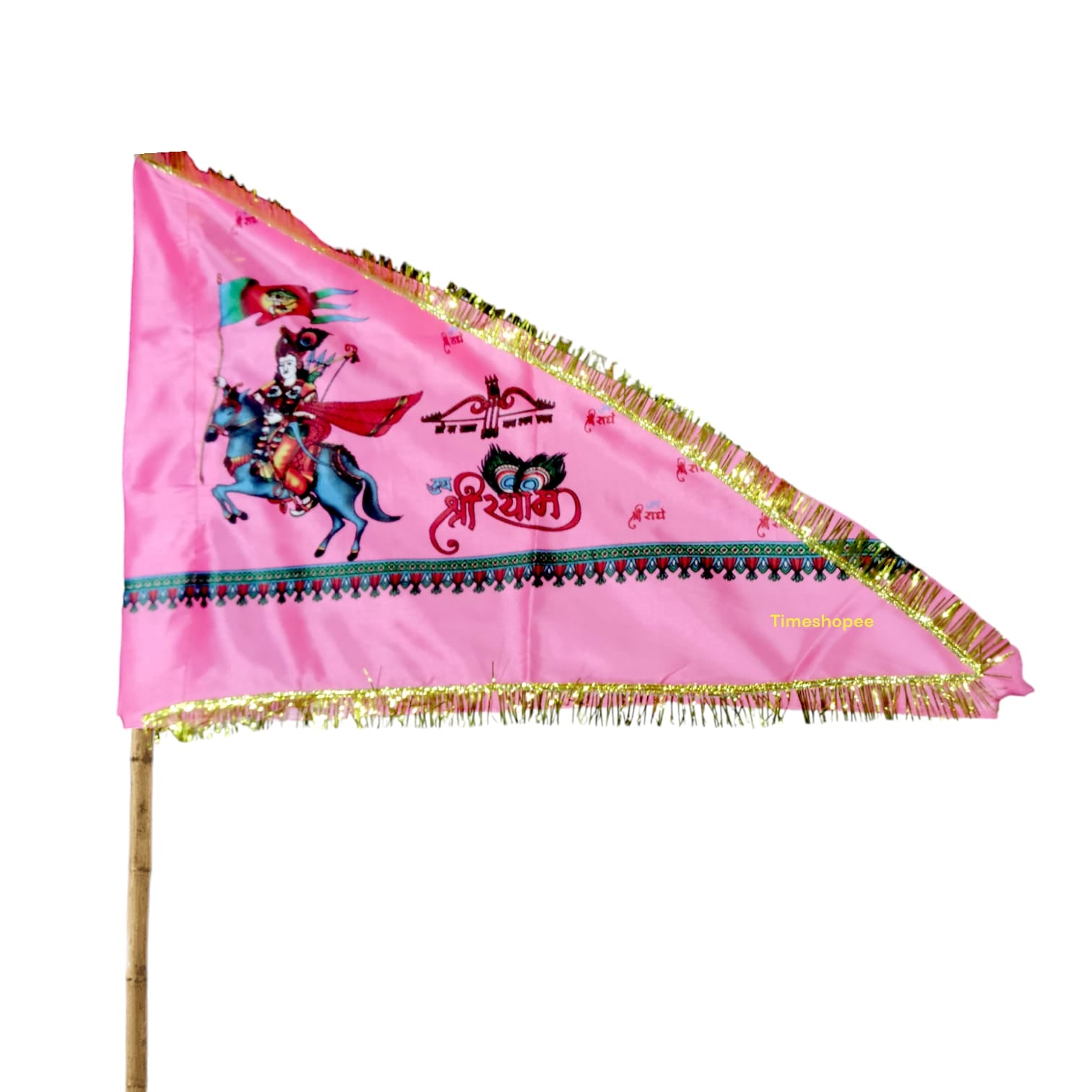 Khatu Shyam Ji Flag (Jai Shri Shyam Jhanda) in pink color, size 20"X30", for worship and decoration, available at Timeshopee.