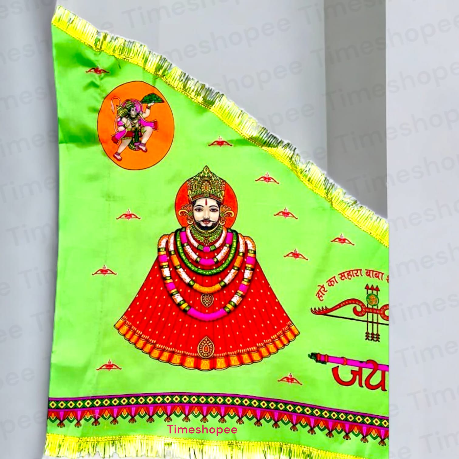 Khatu Shyam Ji Flag in green, size 40"X60", with "Jai Shri Shyam" inscription, available at Timeshopee for worship and decoration.