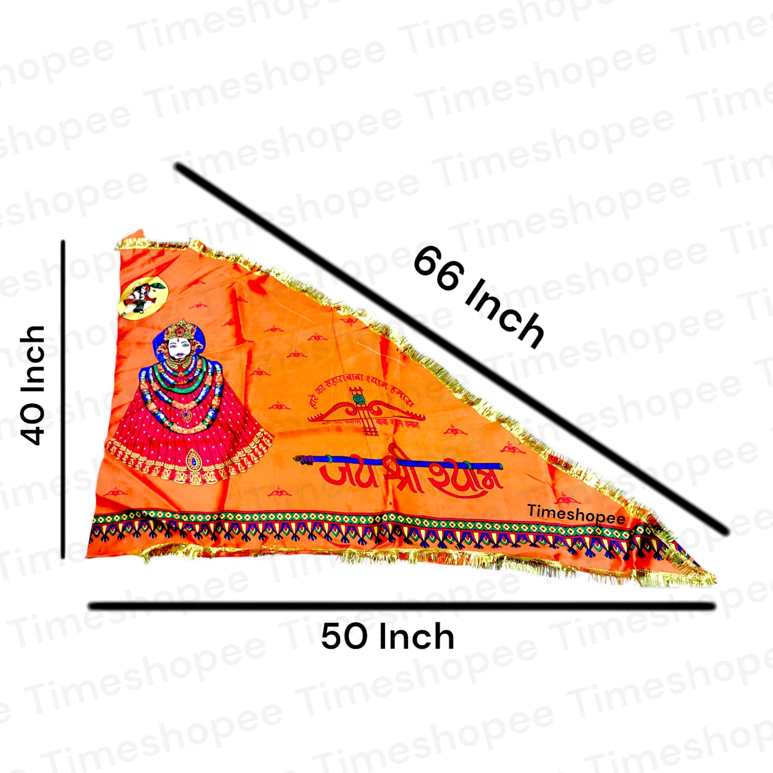 Khatu Shyam Ji Flag in orange, size 40"X60", with "Jai Shri Shyam" inscription, available at Timeshopee for worship and decoration.
