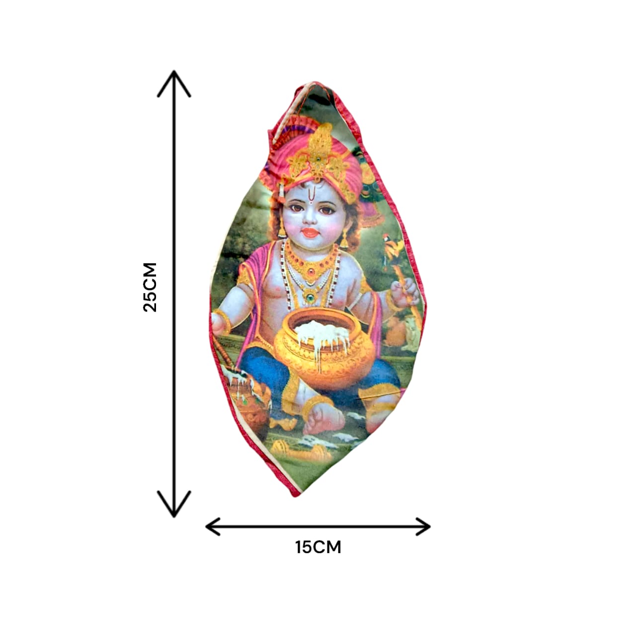 Krishna Bal Gopal Cotton Japa Mala Bag with photo-printed Gomukhi design, dimensions 25.4 x 12.7 x 2.5 cm, lightweight and available at Timeshopee.