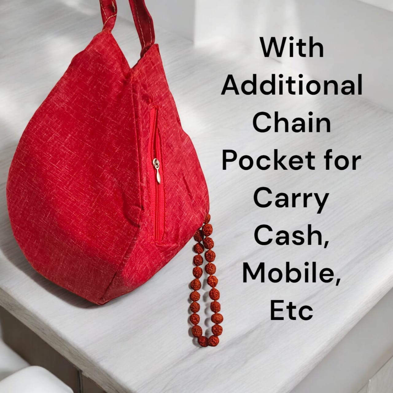 Krishna Bal Gopal Cotton Japa Mala Bag with photo-printed Gomukhi design, dimensions 25.4 x 12.7 x 2.5 cm, lightweight and available at Timeshopee.