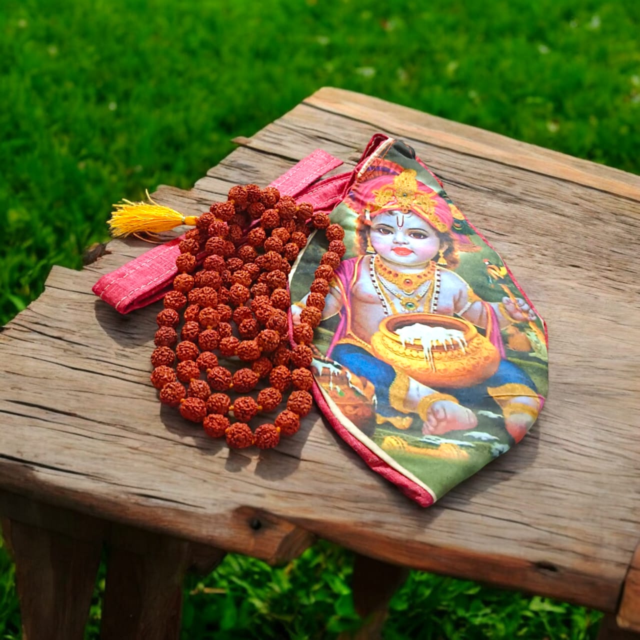 Krishna Bal Gopal Cotton Japa Mala Bag with photo-printed Gomukhi design, dimensions 25.4 x 12.7 x 2.5 cm, lightweight and available at Timeshopee.