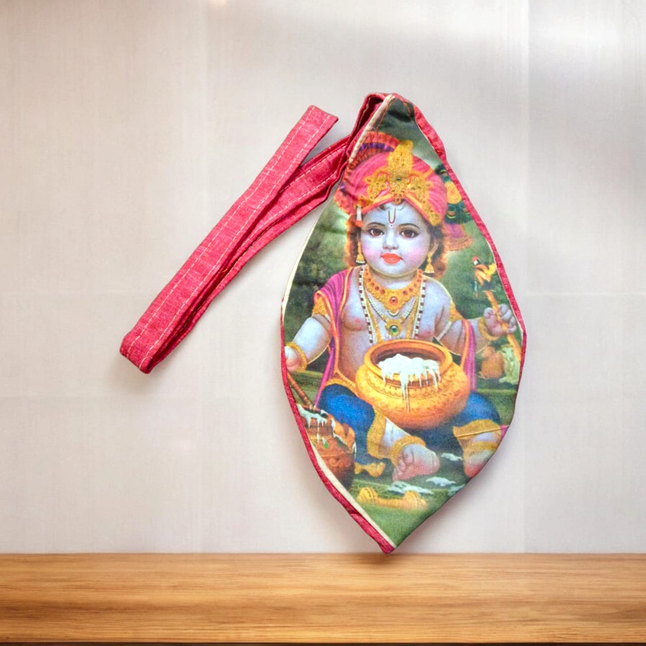 Krishna Bal Gopal Cotton Japa Mala Bag with photo-printed Gomukhi design, dimensions 25.4 x 12.7 x 2.5 cm, lightweight and available at Timeshopee.