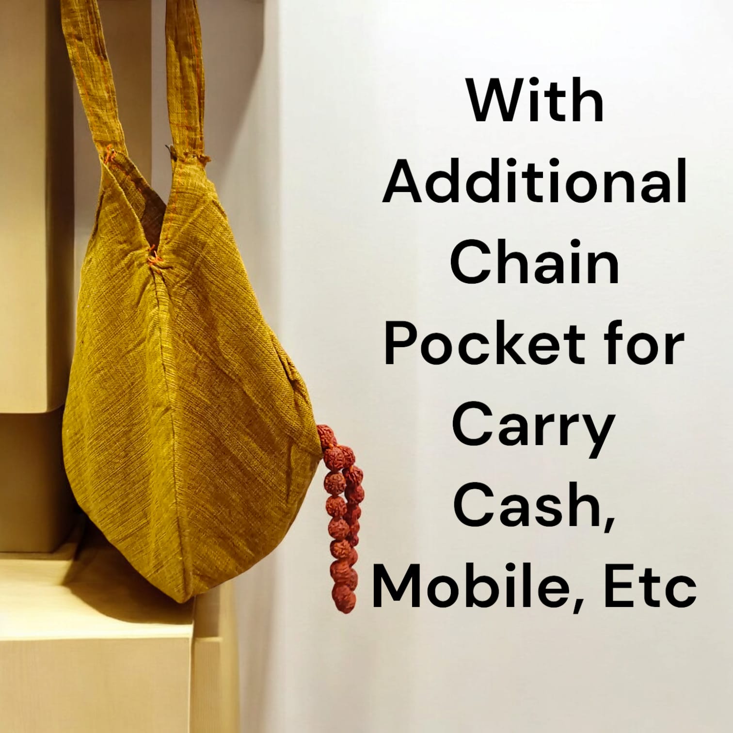 Krishna Ji Cotton Japa Mala Bag with photo-printed Gomukhi design, 25.4 x 12.7 x 2.5 cm, lightweight and available at Timeshopee.