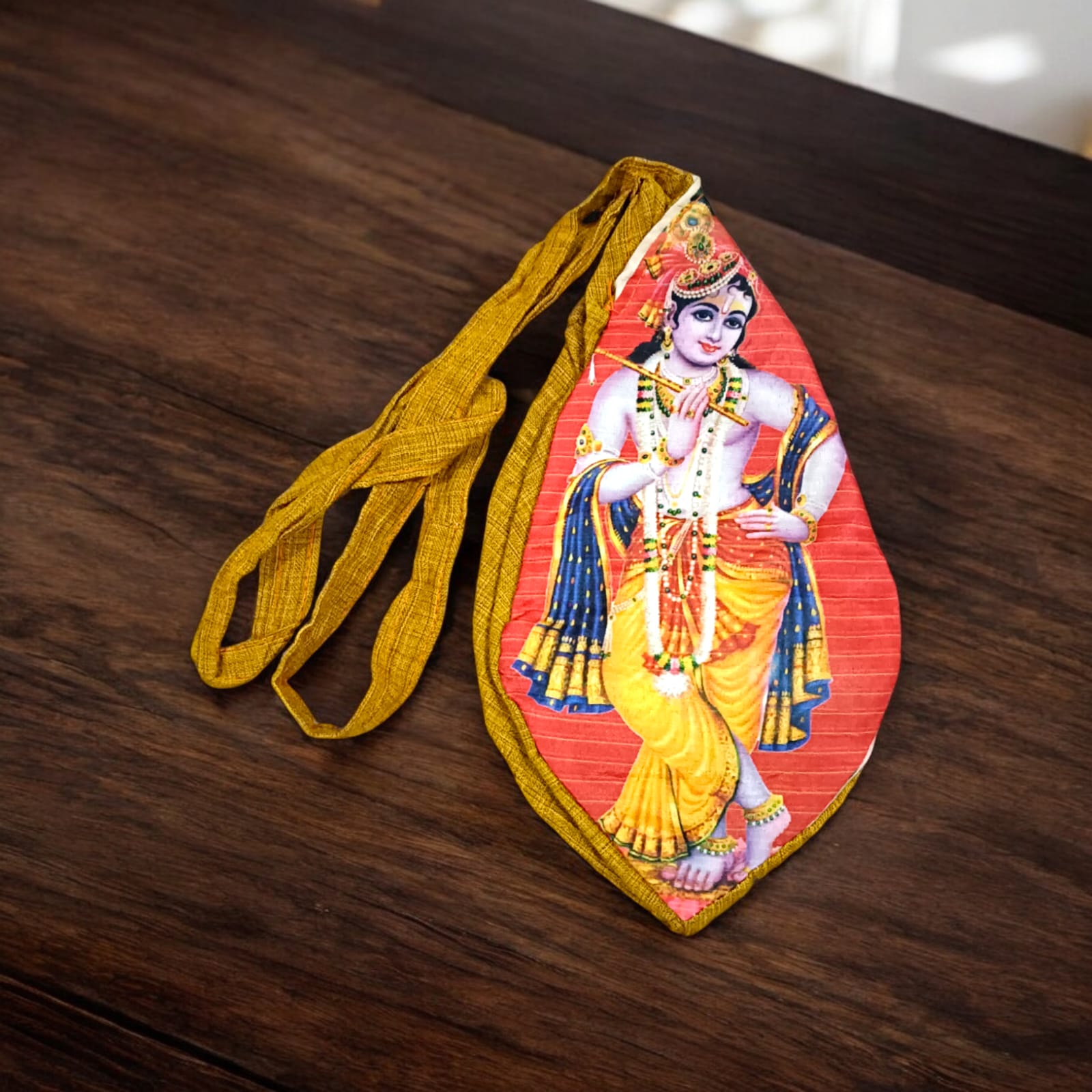 Krishna Ji Cotton Japa Mala Bag with photo-printed Gomukhi design, 25.4 x 12.7 x 2.5 cm, lightweight and available at Timeshopee.