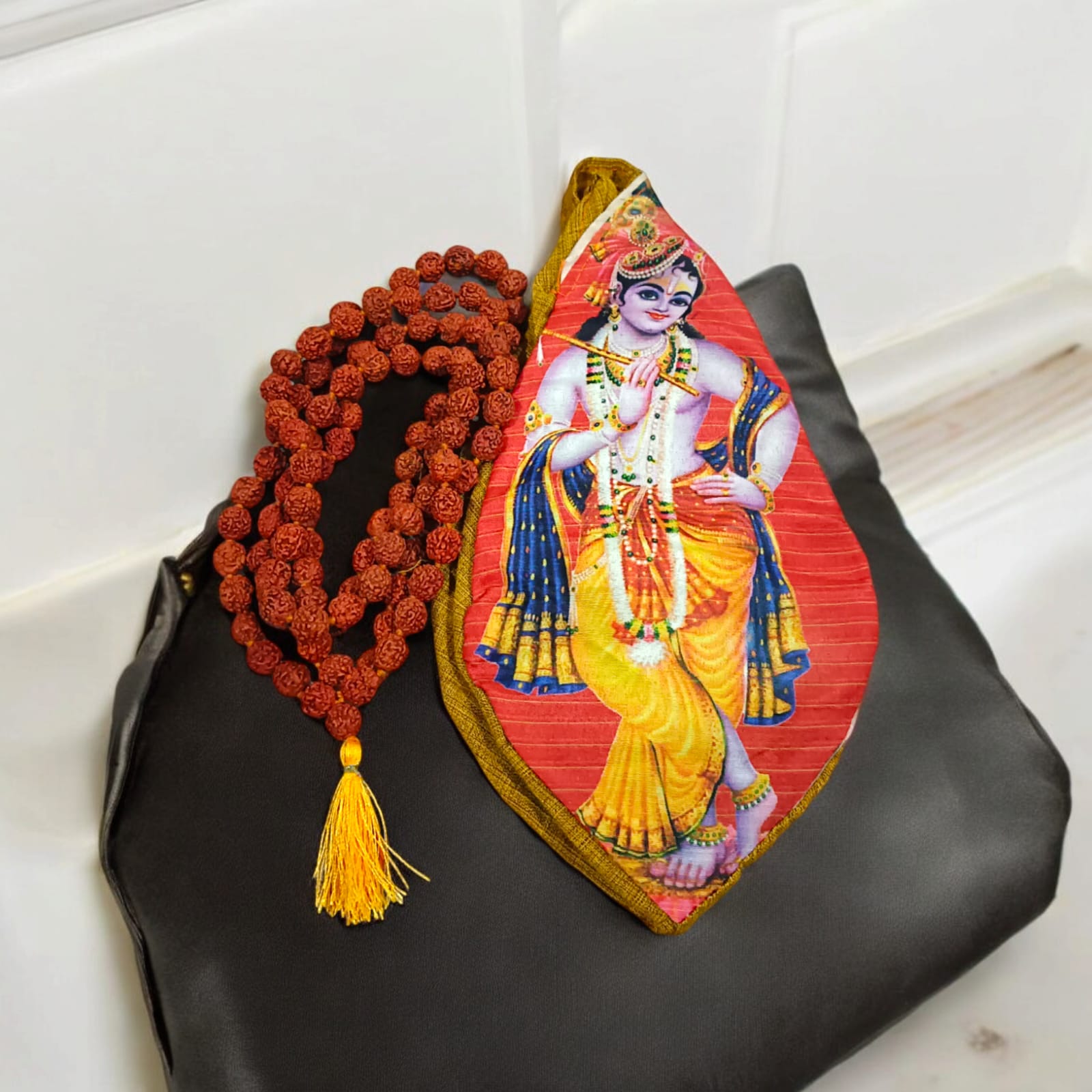 Krishna Ji Cotton Japa Mala Bag with photo-printed Gomukhi design, 25.4 x 12.7 x 2.5 cm, lightweight and available at Timeshopee.
