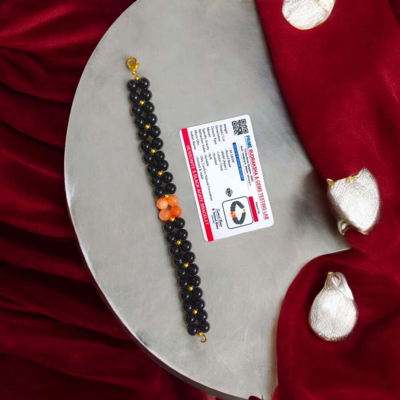 Lab-certified Black Agate and Hessonite bracelet with 8MM beads and golden lobster clasp, designed by Timeshopee for protection, enemy repellent, and spiritual growth.