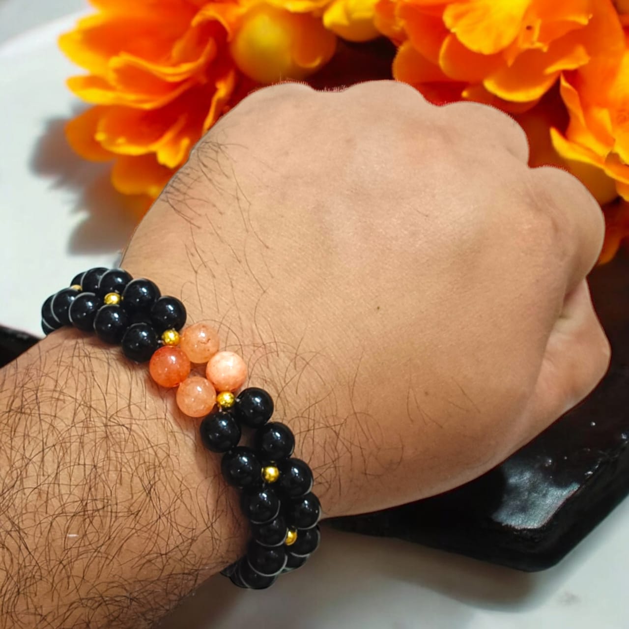 Lab-certified Black Agate and Hessonite bracelet with 8MM beads and golden lobster clasp, designed by Timeshopee for protection, enemy repellent, and spiritual growth.
