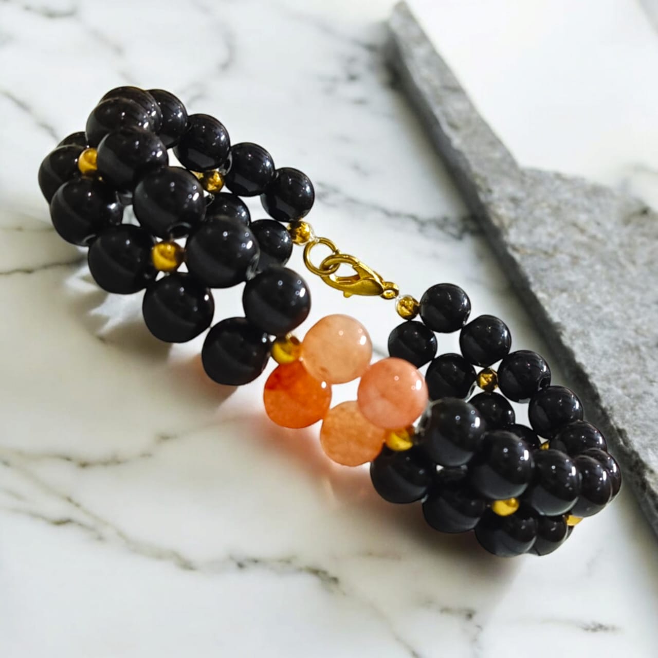 Lab-certified Black Agate and Hessonite bracelet with 8MM beads and golden lobster clasp, designed by Timeshopee for protection, enemy repellent, and spiritual growth.