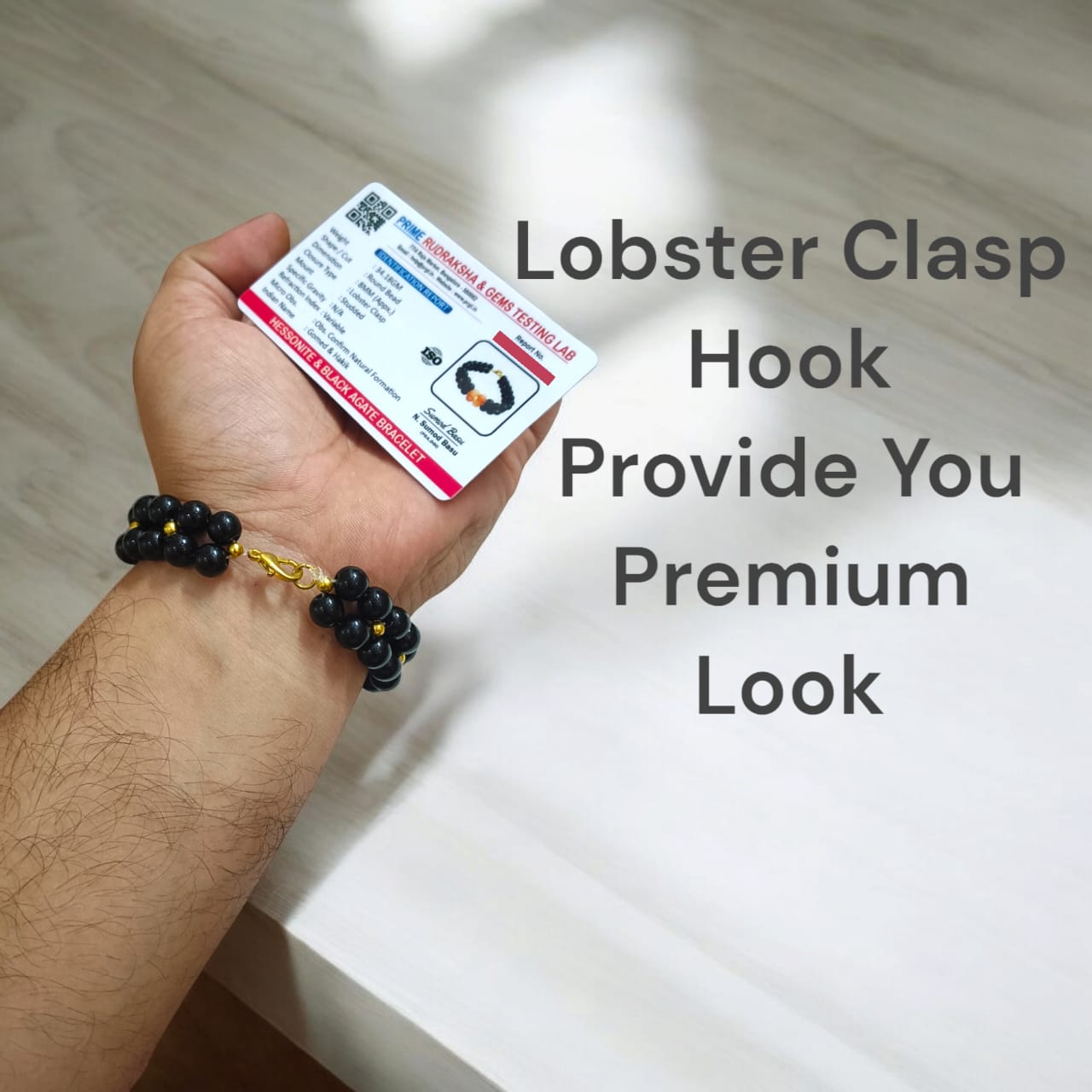 Lab-certified Black Agate and Hessonite bracelet with 8MM beads and golden lobster clasp, designed by Timeshopee for protection, enemy repellent, and spiritual growth.