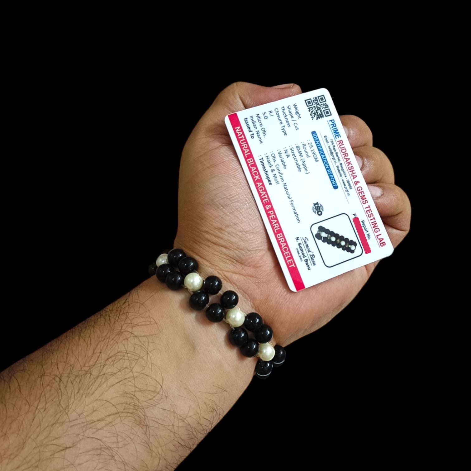 Lab-certified Black Agate and Pearl bracelet with 8MM stretchable beads, designed for protection, attraction, and spiritual growth.