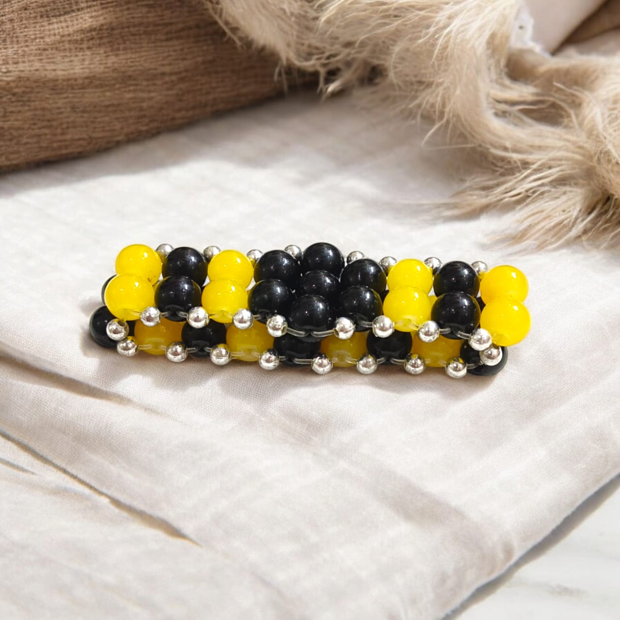 Lab-certified Black and Yellow Agate Bracelet with 8MM beads, stretchable design, providing grounding, focus, and spiritual balance by Timeshopee.